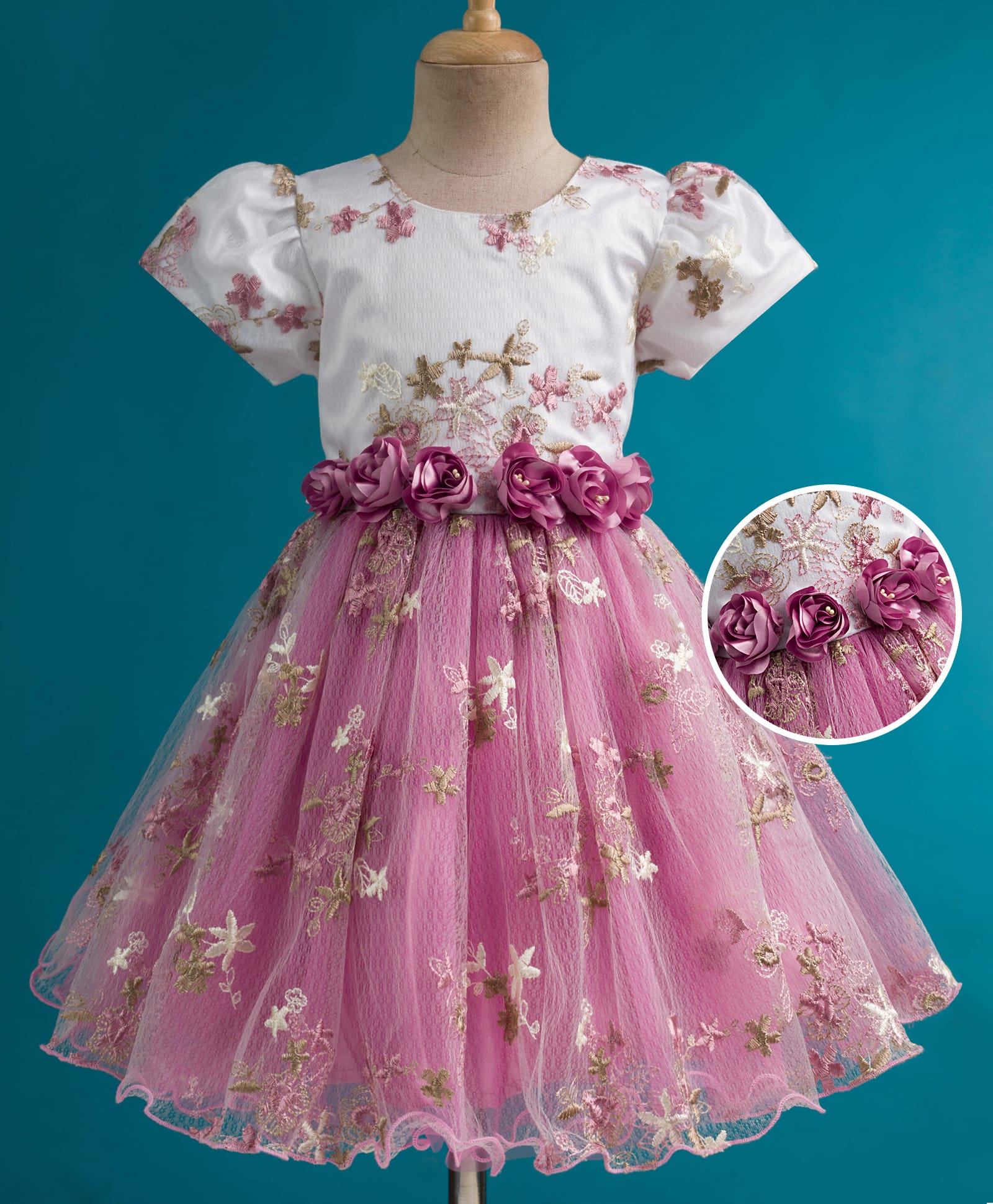 Mark & Mia Woven Half Sleeves Floral Embroidered Frock With Corsage - Pink-image-21