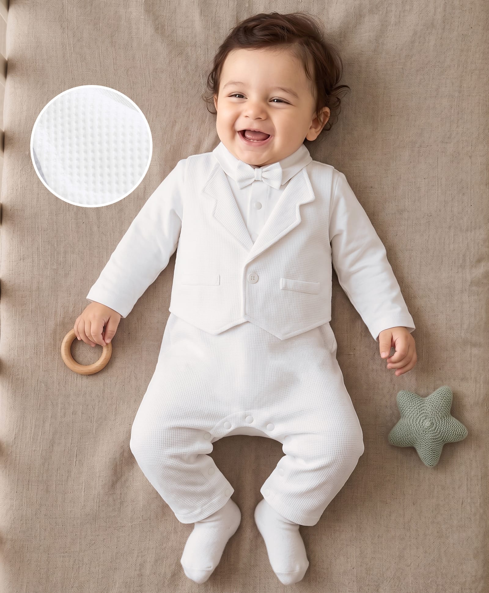 Mark & Mia Woven Full Sleeves Solid Party Romper With Bow Applique - White-image-38