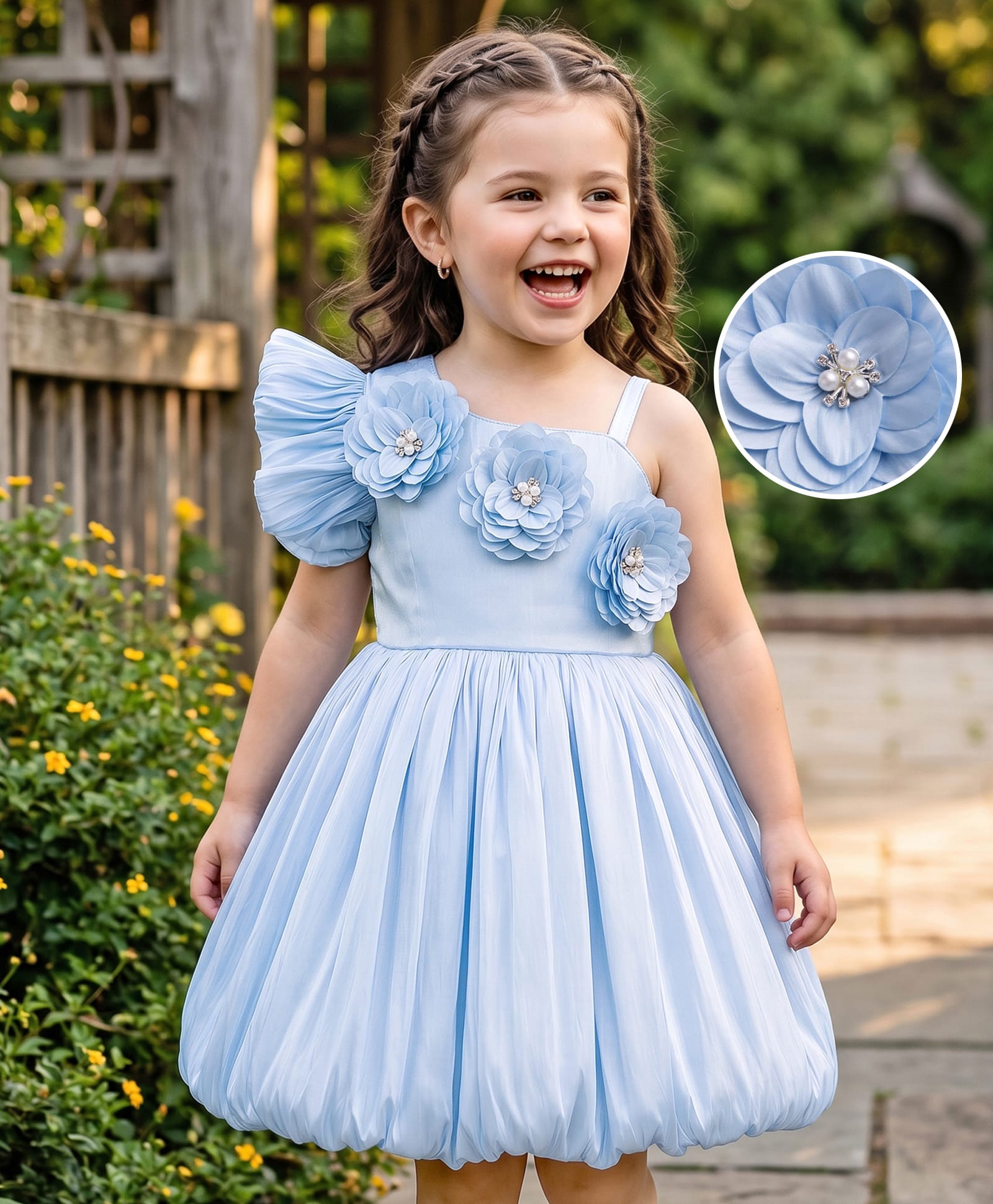 Mark & Mia Woven One Shoulder Sleeves Party Dress with Floral Applique - Light Blue-image-38