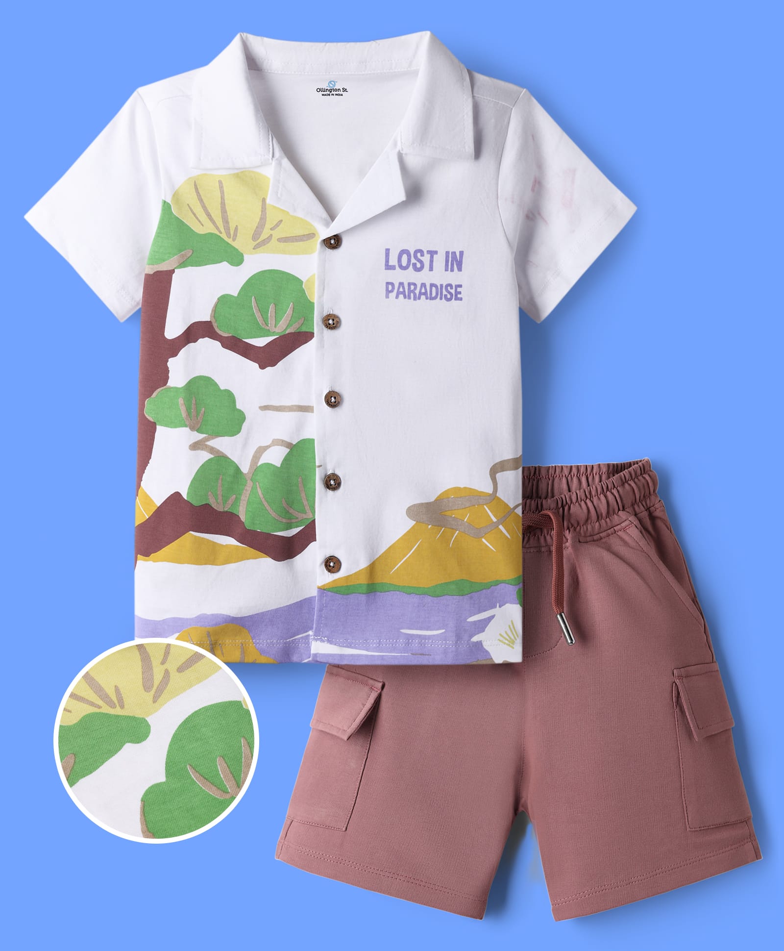 OLLINGTON ST. Sinker Knit Half Sleeves Shirt & Shorts Set With Tropical Theme - Multicolor-image-31