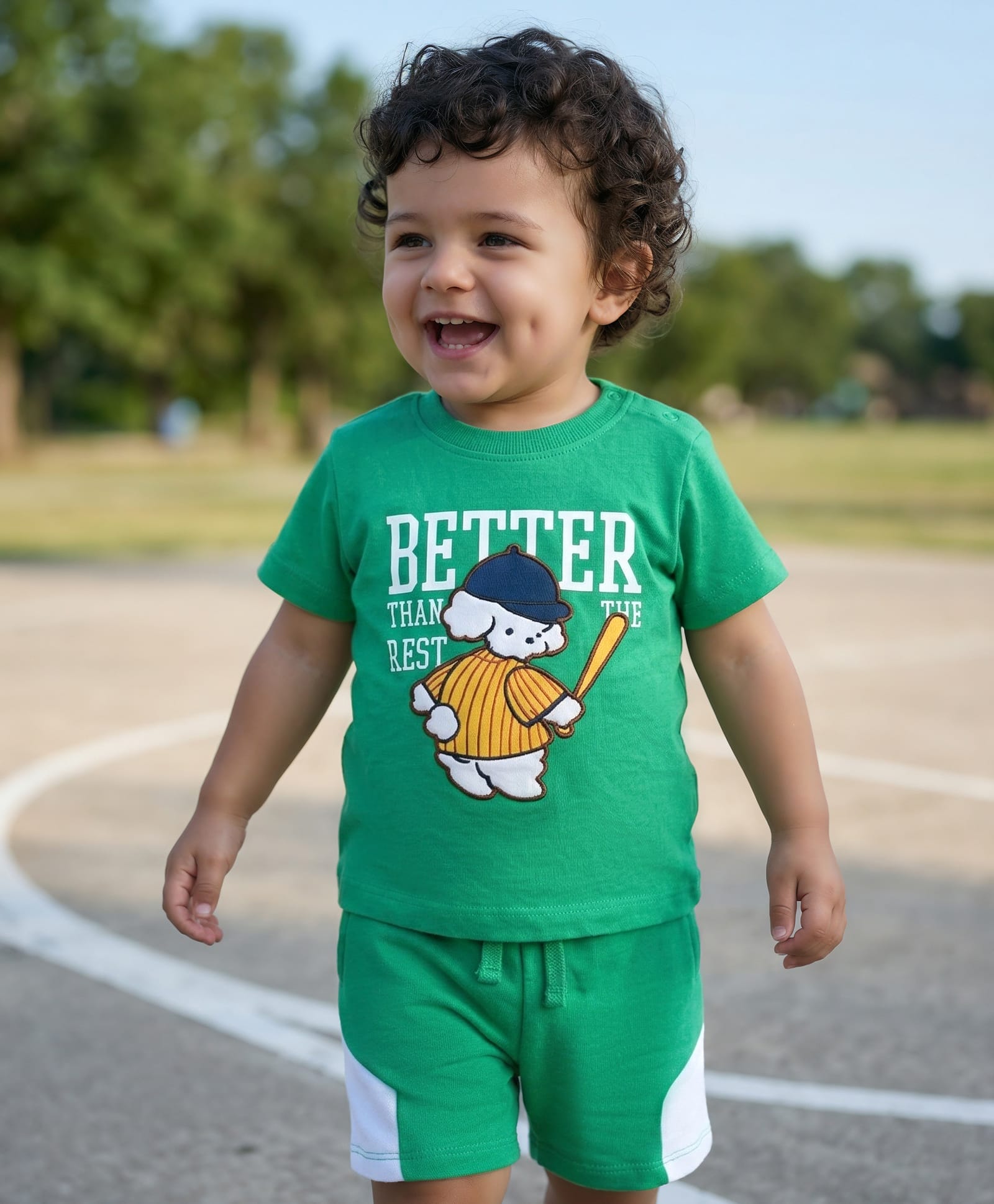 Babyoye 100% Cotton Knit Half Sleeves Puppy Embroidered T-Shirt & Shorts Set - Green-picture-21