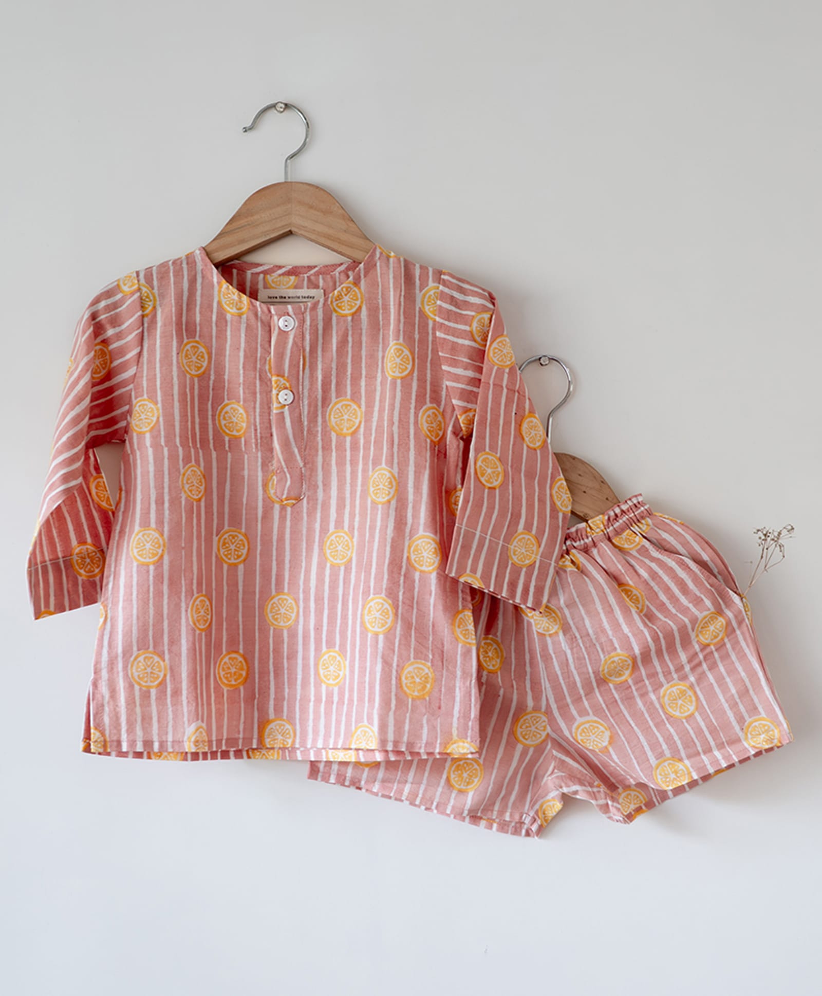 Love the World Today Organic Cotton Woven Half Sleeves Microwave Patch Detailed Kurta Styled Top & Shorts Night Suit - Peach-picture-27