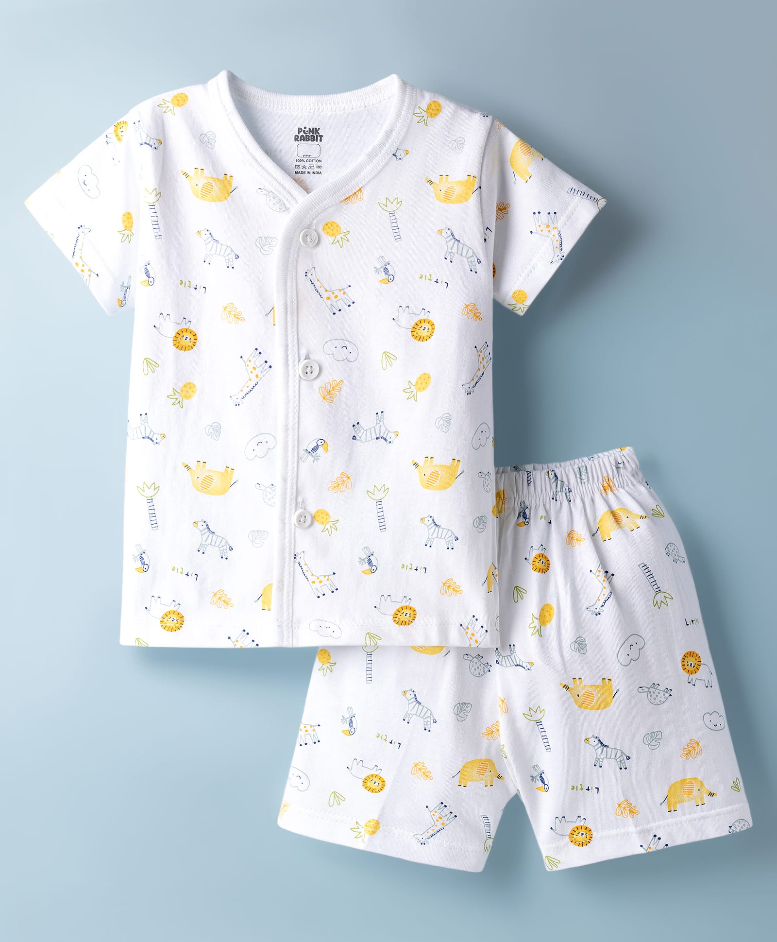 Pink Rabbit Sinker Knit Half Sleeves Animal Printed Co-Ords T-Shirt & Shorts Night Suit - WHite-picture-28