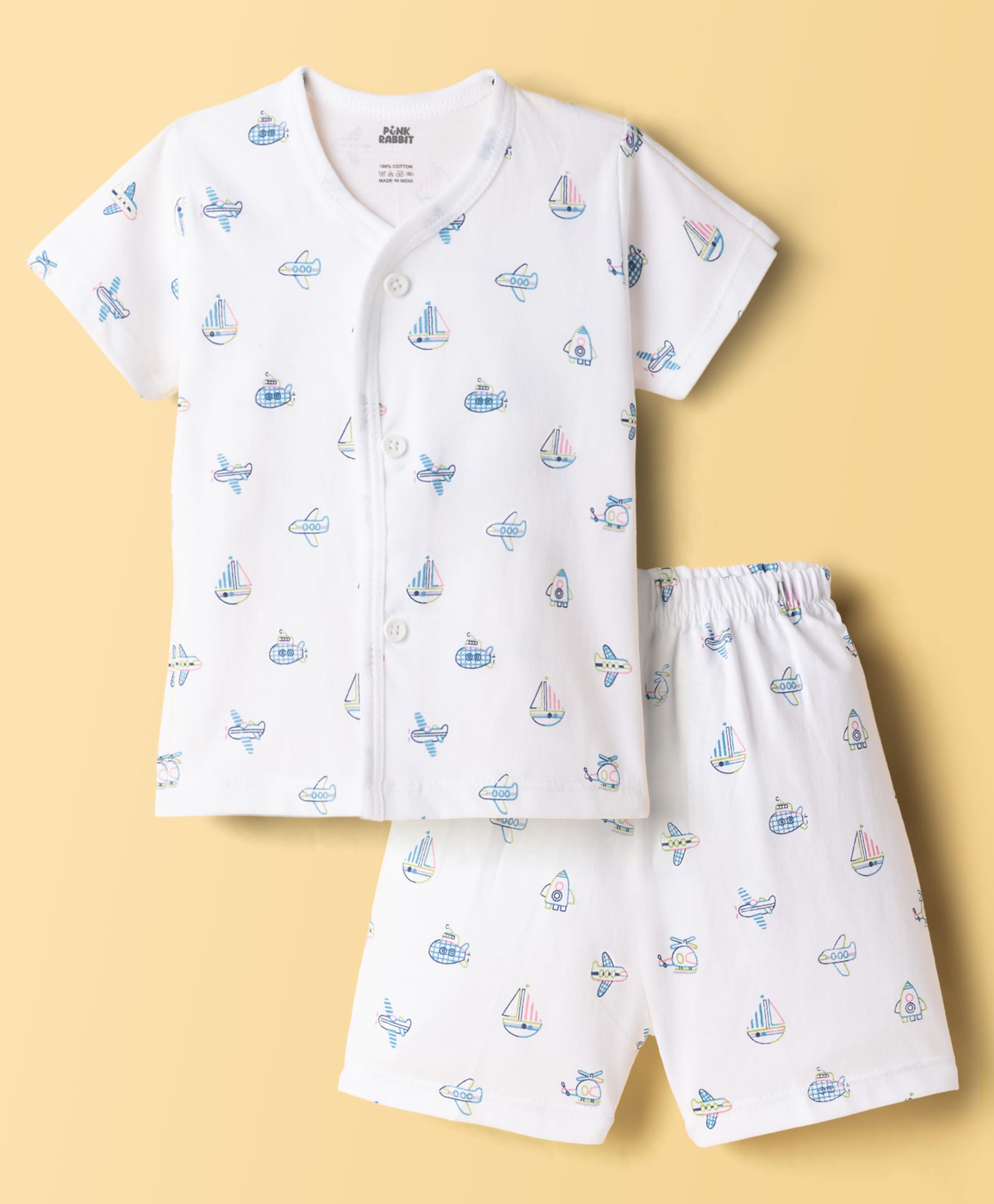 Pink Rabbit Sinker Knit Half Sleeves Aeroplane Printed Co-Ords T-Shirt & Shorts Night Suit - White-picture-37
