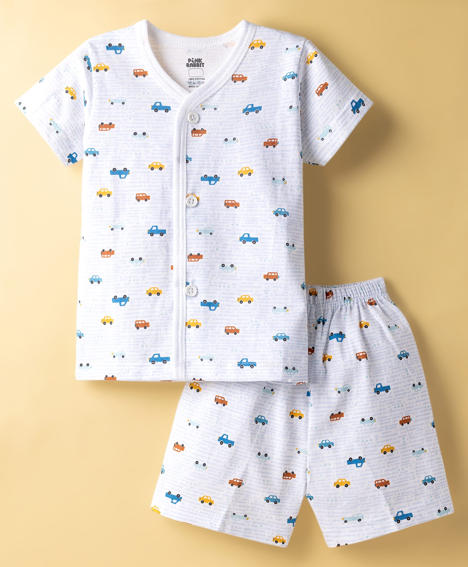 Pink Rabbit Sinker Knit Half Sleeves Vehicles Printed Co-Ords T-Shirt & Shorts Night Suit - White-picture-19