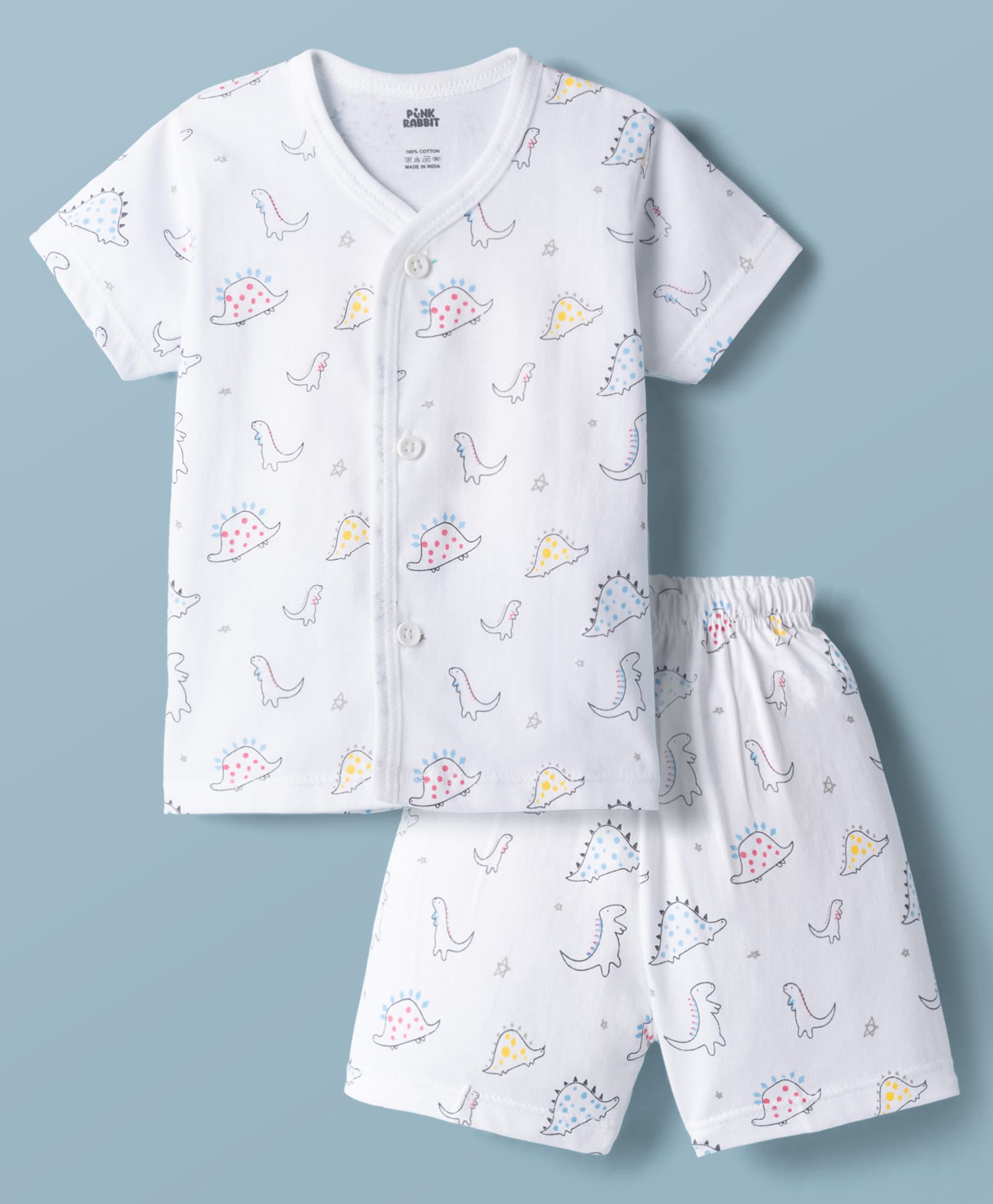 Pink Rabbit Sinker Knit Half Sleeves Dino Printed Co-Ords T-Shirt & Shorts Night Suit - White-picture-33