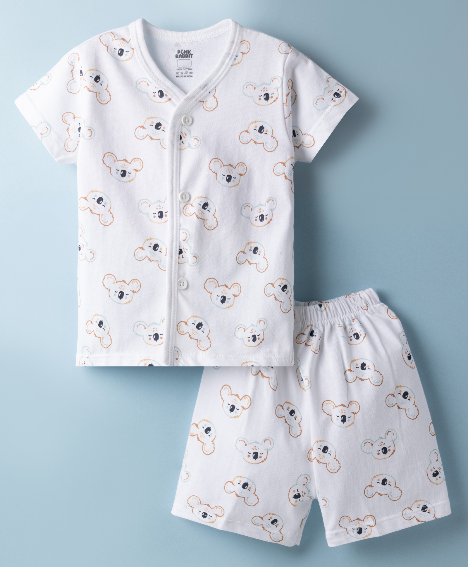Pink Rabbit Sinker Knit Half Sleeves T-Shirt & Shorts Co-ord Night Suit With Koala Print - White-image-34