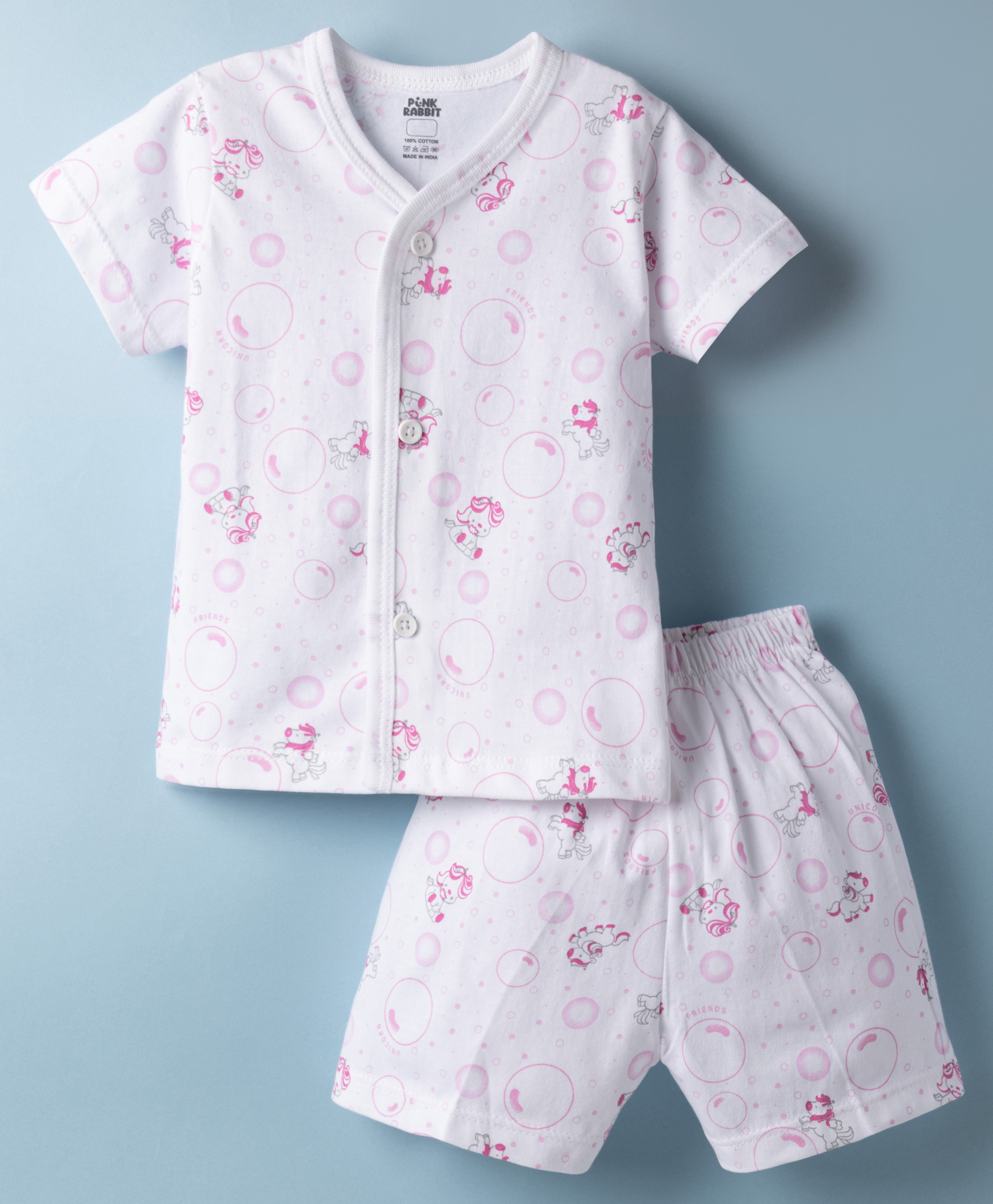 Pink Rabbit Sinker Knit Half Sleeves T-Shirt & Shorts Co-ord Night Suit With Unicorn Print - White-picture-37
