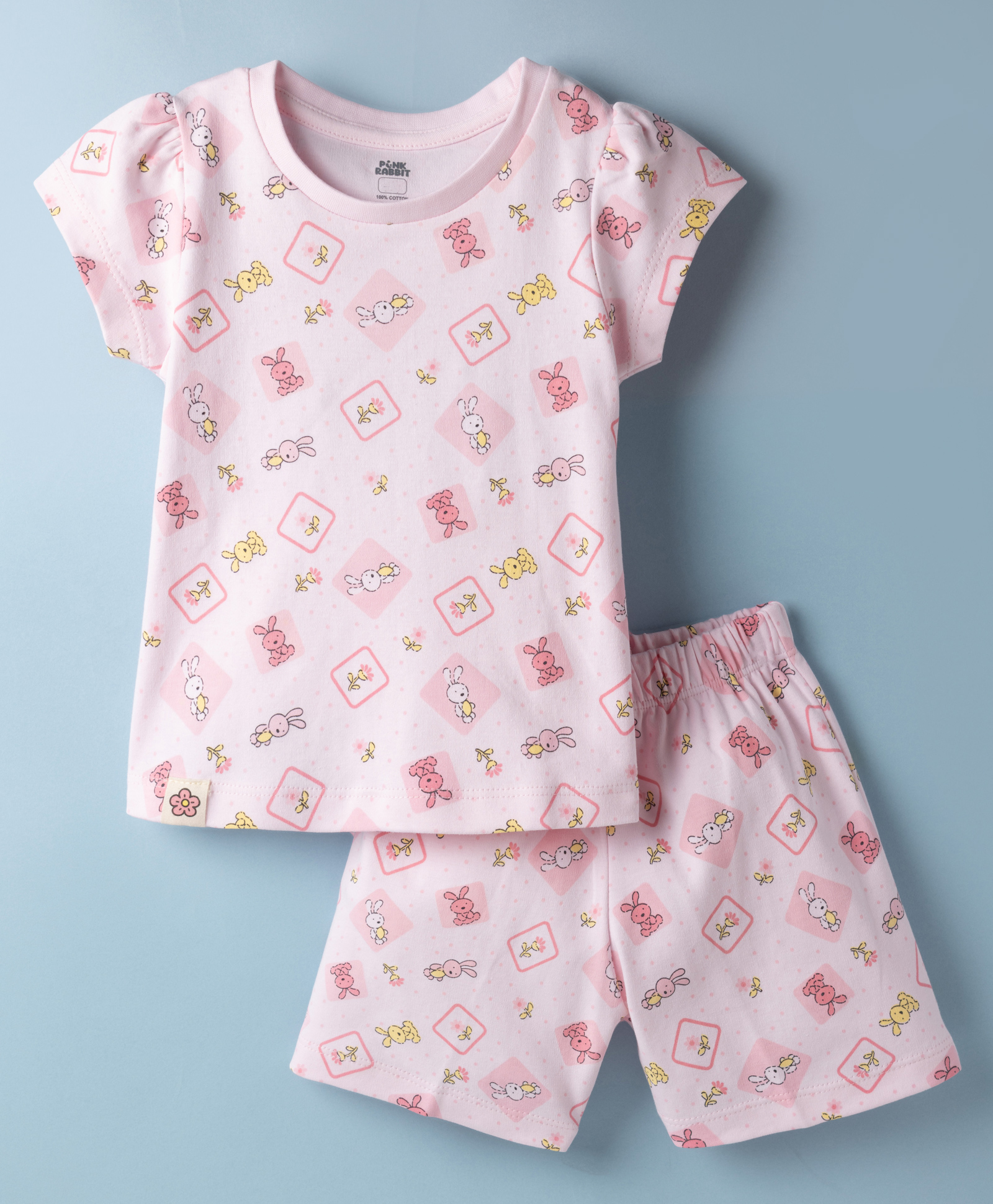 Pink Rabbit Interlock Knit Half Sleeves T-Shirt & Shorts Co-ord Night Suit With Bunny Print - Light Pink-image-40
