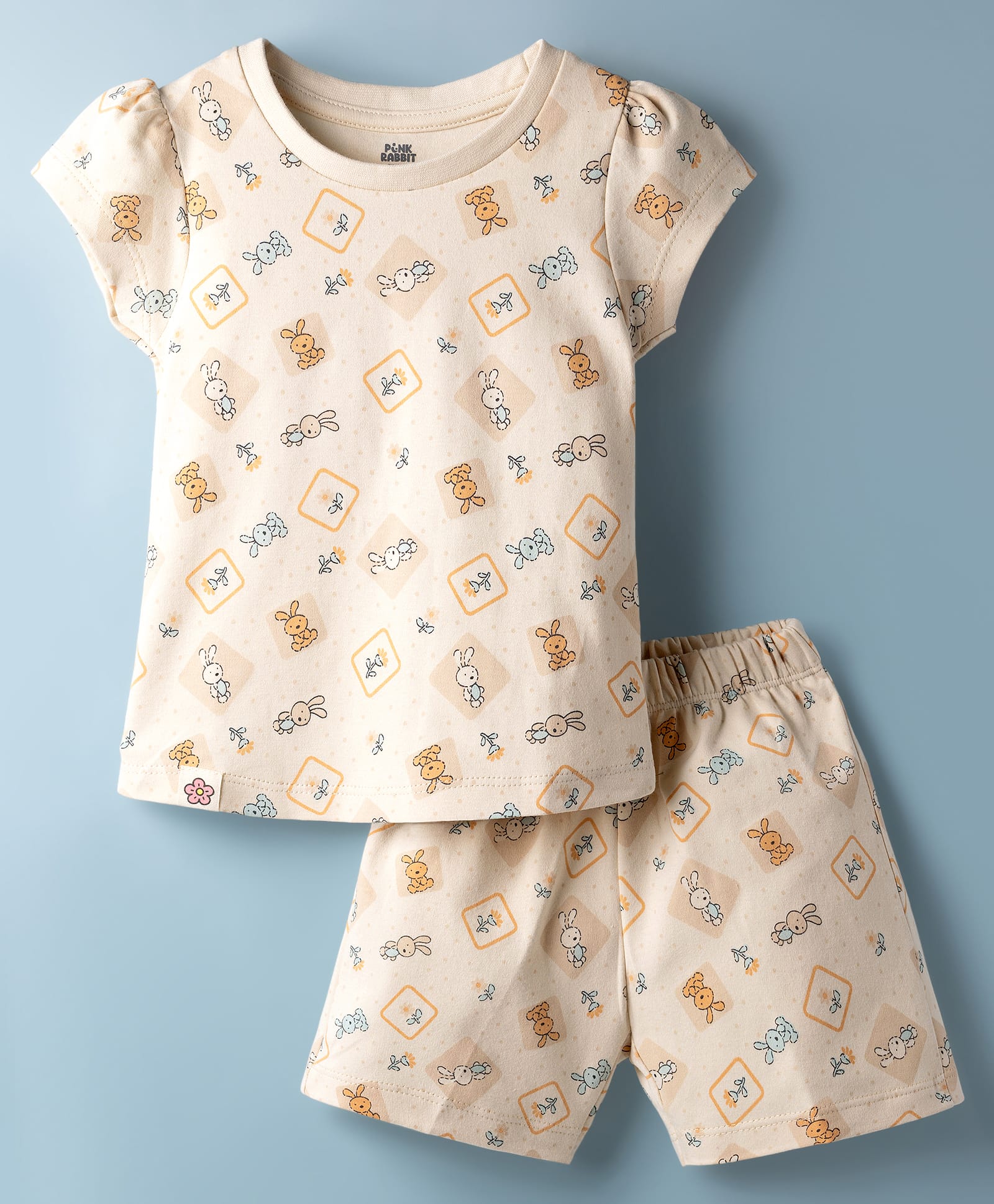 Pink Rabbit Interlock Knit Half Sleeves T-Shirt & Shorts Co-ord Night Suit With Bunny Print - Cream-picture-12