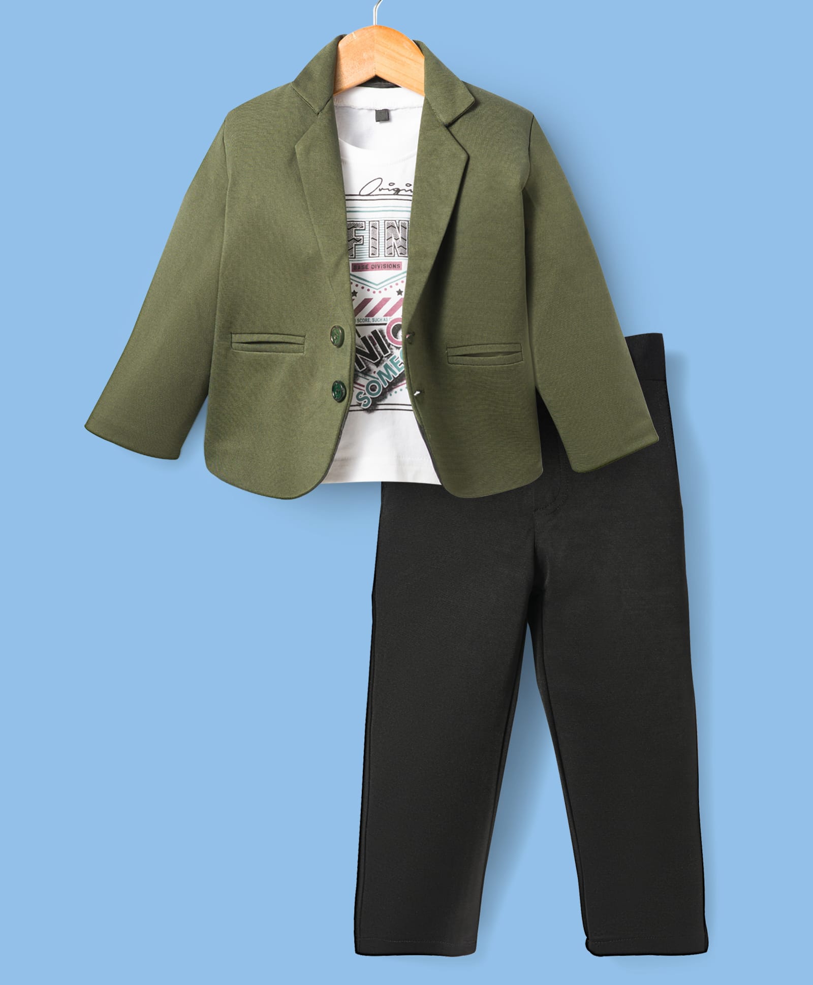 Rikidoos Embosis Hosiery Woven Full Sleeves Blazer with Text Printed T-Shirt & Trouser Set - Green & Black-picture-25