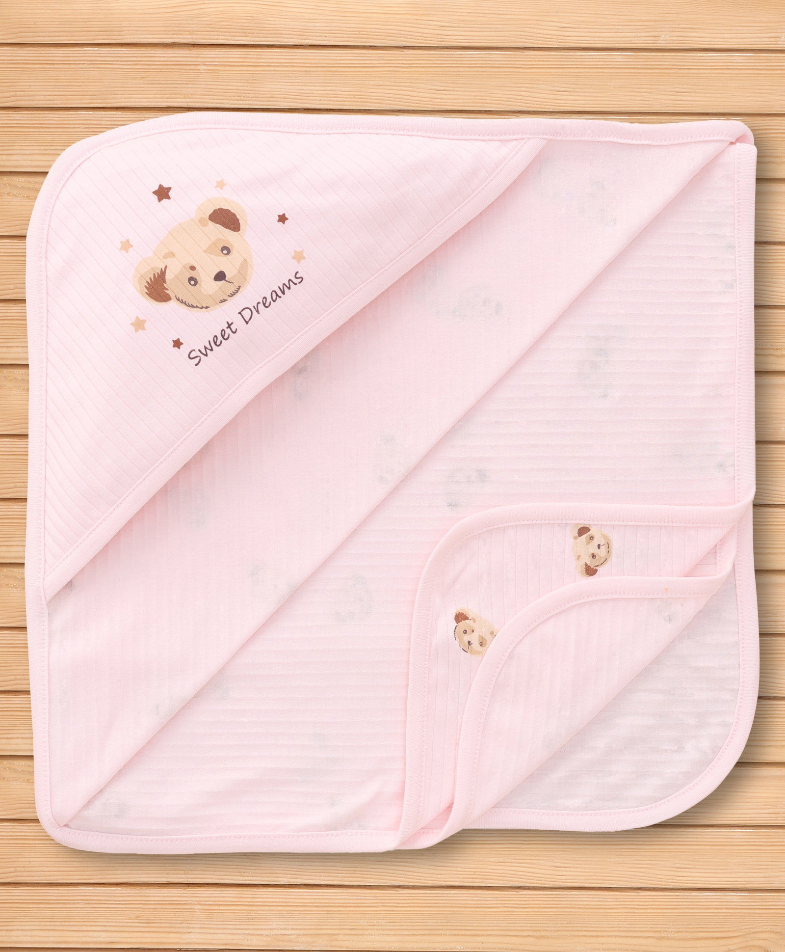 Pink Rabbit Interlock Knit Towel & Wrappers With Bear & Sweet Dreams Print L 82 x B 81 cm - Peach-picture-13