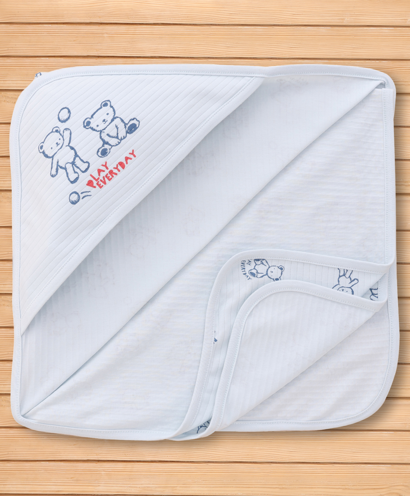 Pink Rabbit Interlock Knit Towel & Wrappers With Teddy Bear Print L 82 x B 81 cm - Sky Blue-image-23
