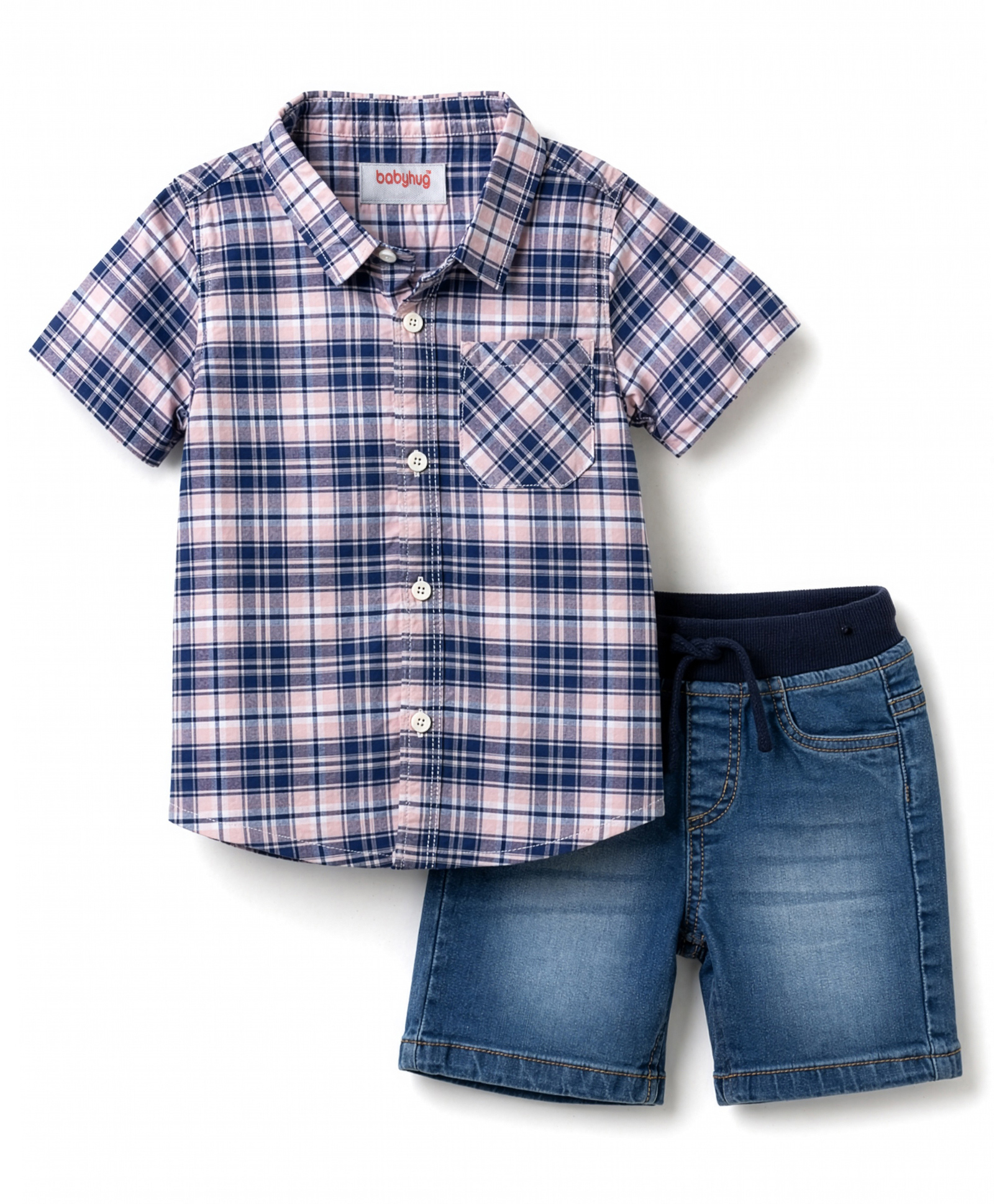 Babyhug Cotton Woven Half Sleeves Checked Shirt & Denim Shorts Set - Multicolor-image-36
