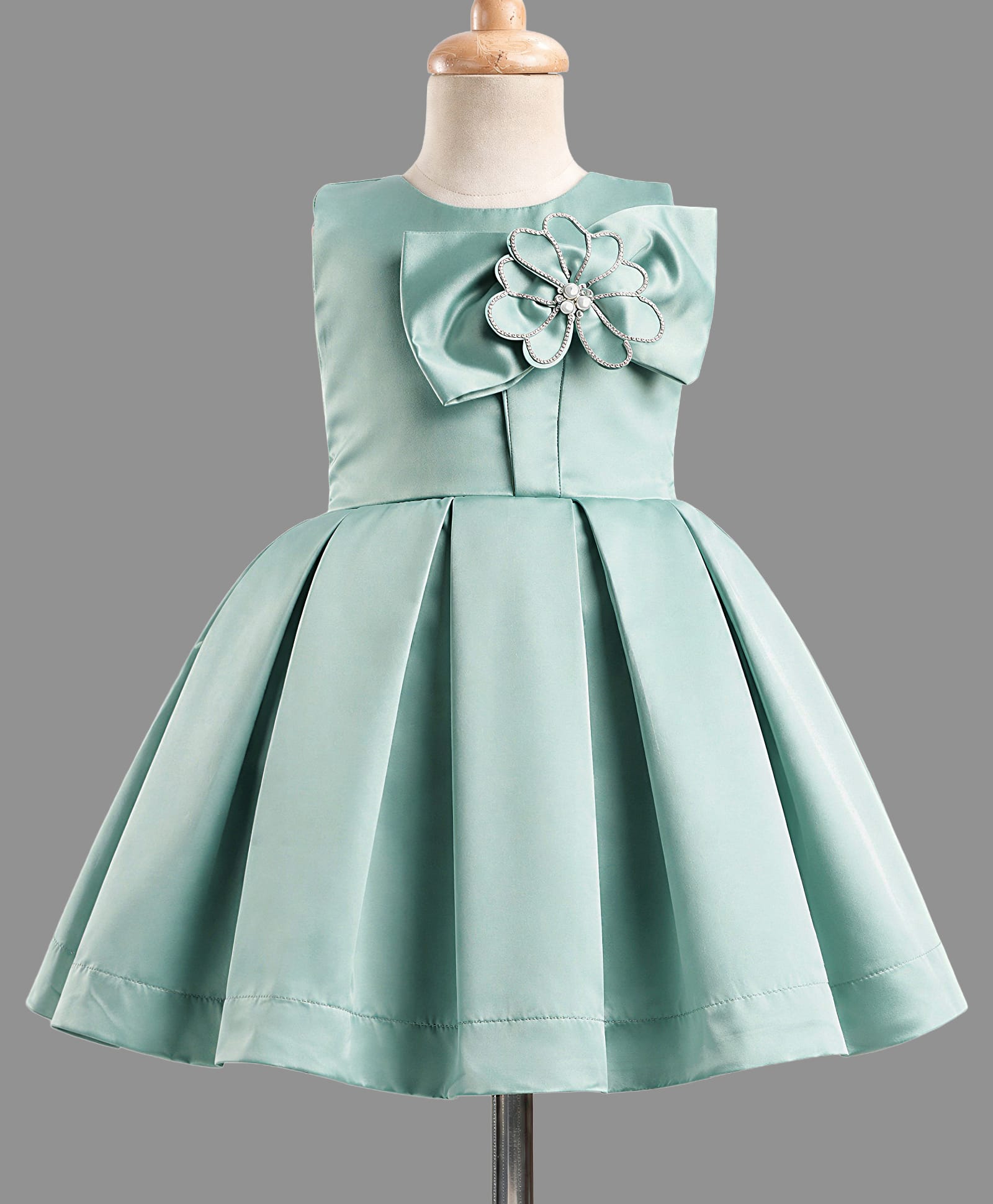 Bluebell Silk Woven Sleeveless Party Dress with Bow Applique - Sea Green-image-34