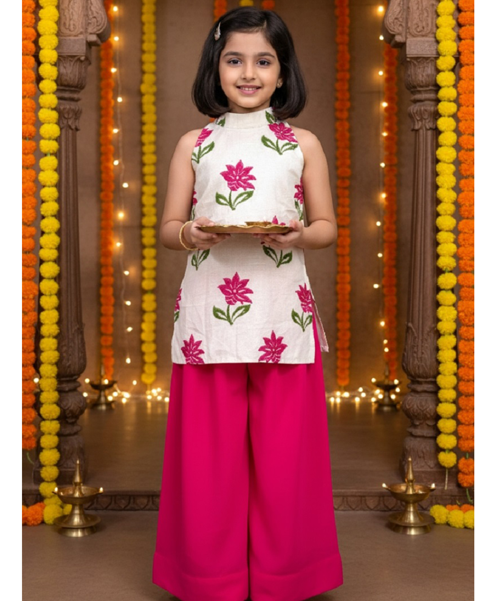 Jilmil Cotton Silk Knit Sleeveless Floral Embroidered Top & Palazzo Set - White-picture-7