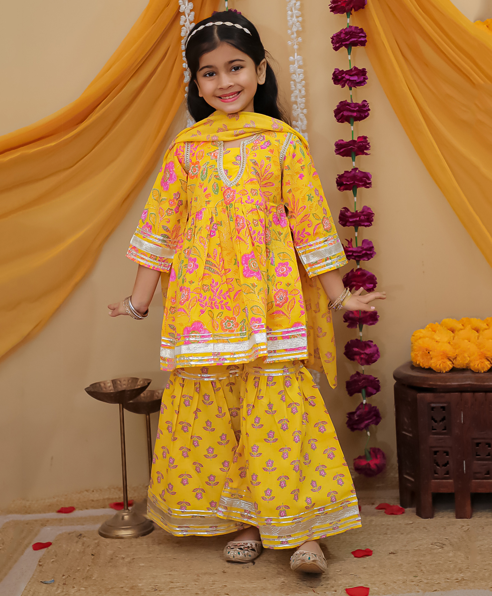 Jilmil Cotton Knit Three Fourth Sleeves Lace Embellished Floral Printed Anarkali & Sharara Set With Dupatta - Yellow-picture-25