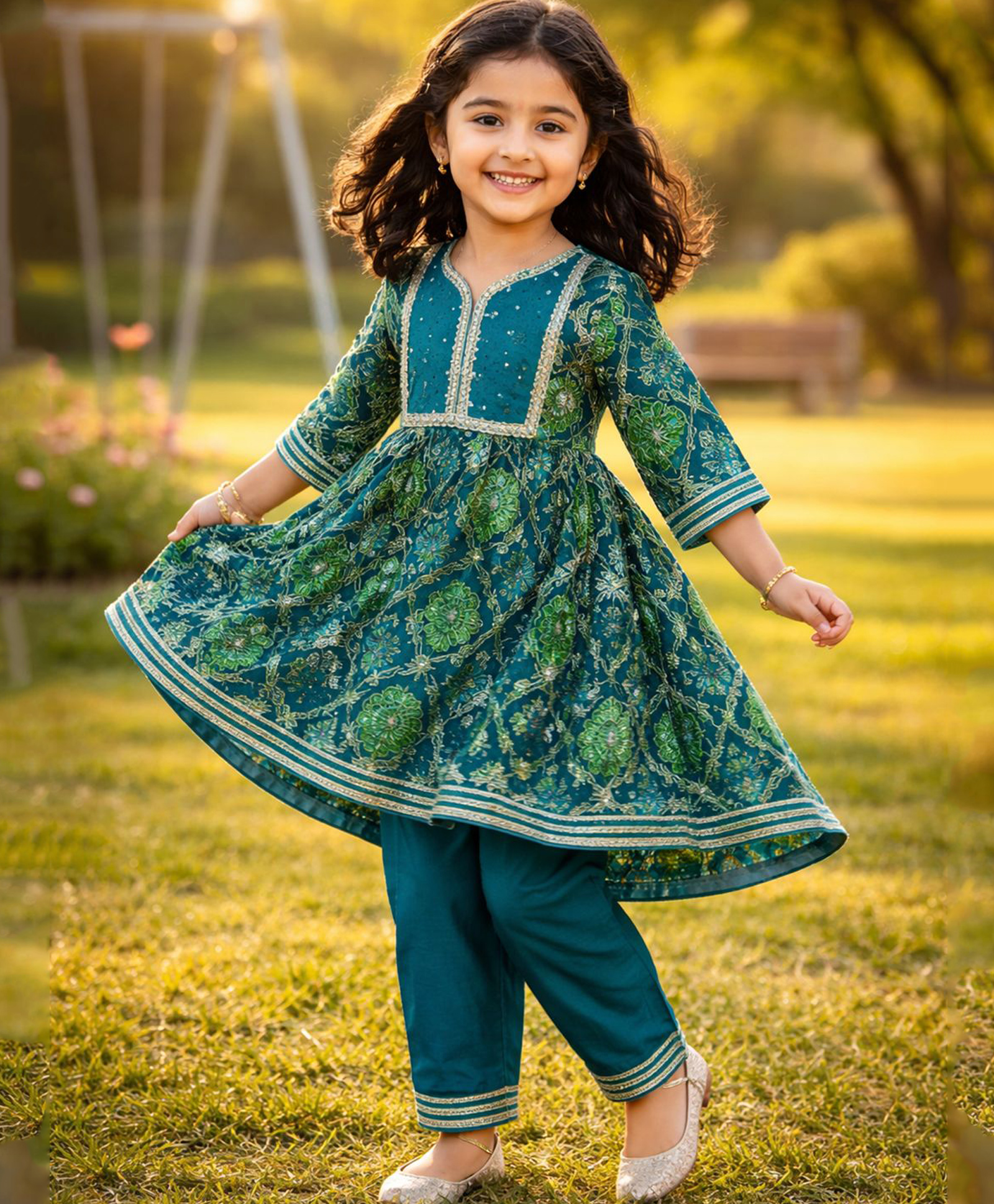 Jilmil Cotton Knit Three Fourth Sleeves Lace Embellished Floral Printed Anarkali & Pant Set - Blue-picture-4