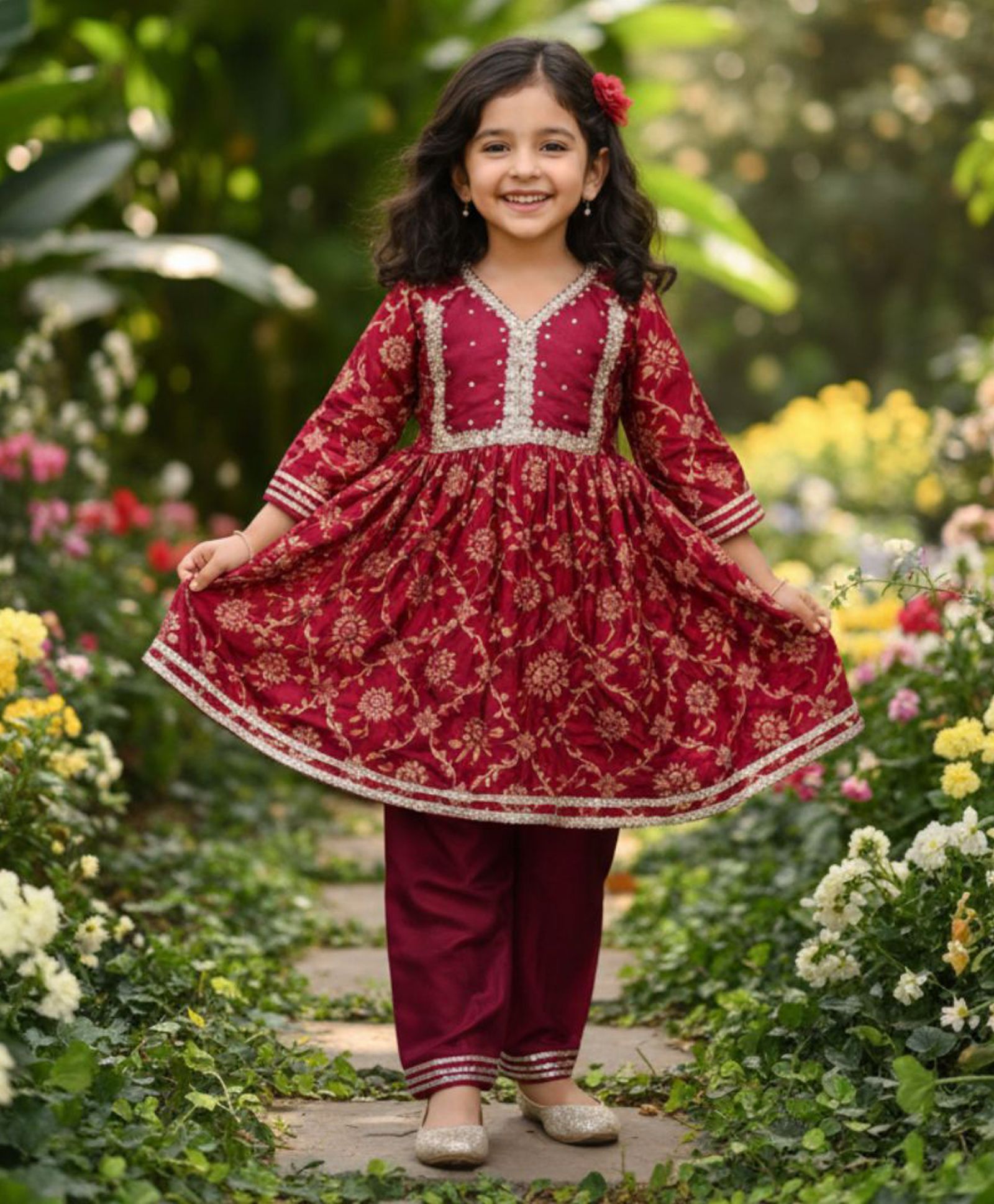 Jilmil Cotton Knit Three Fourth Sleeves Lace Embellished Floral Printed Anarkali Kurti & Pant Set - Red-picture-5