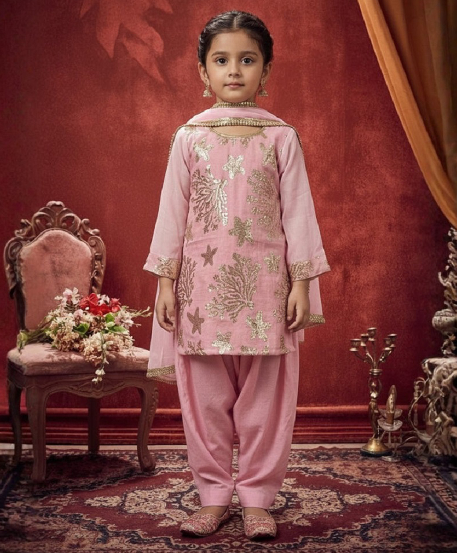 Jilmil Cotton Knit Full Sleeves Lace Embellished Anarkali & Pant Set With Dupatta - Light Pink-image-13