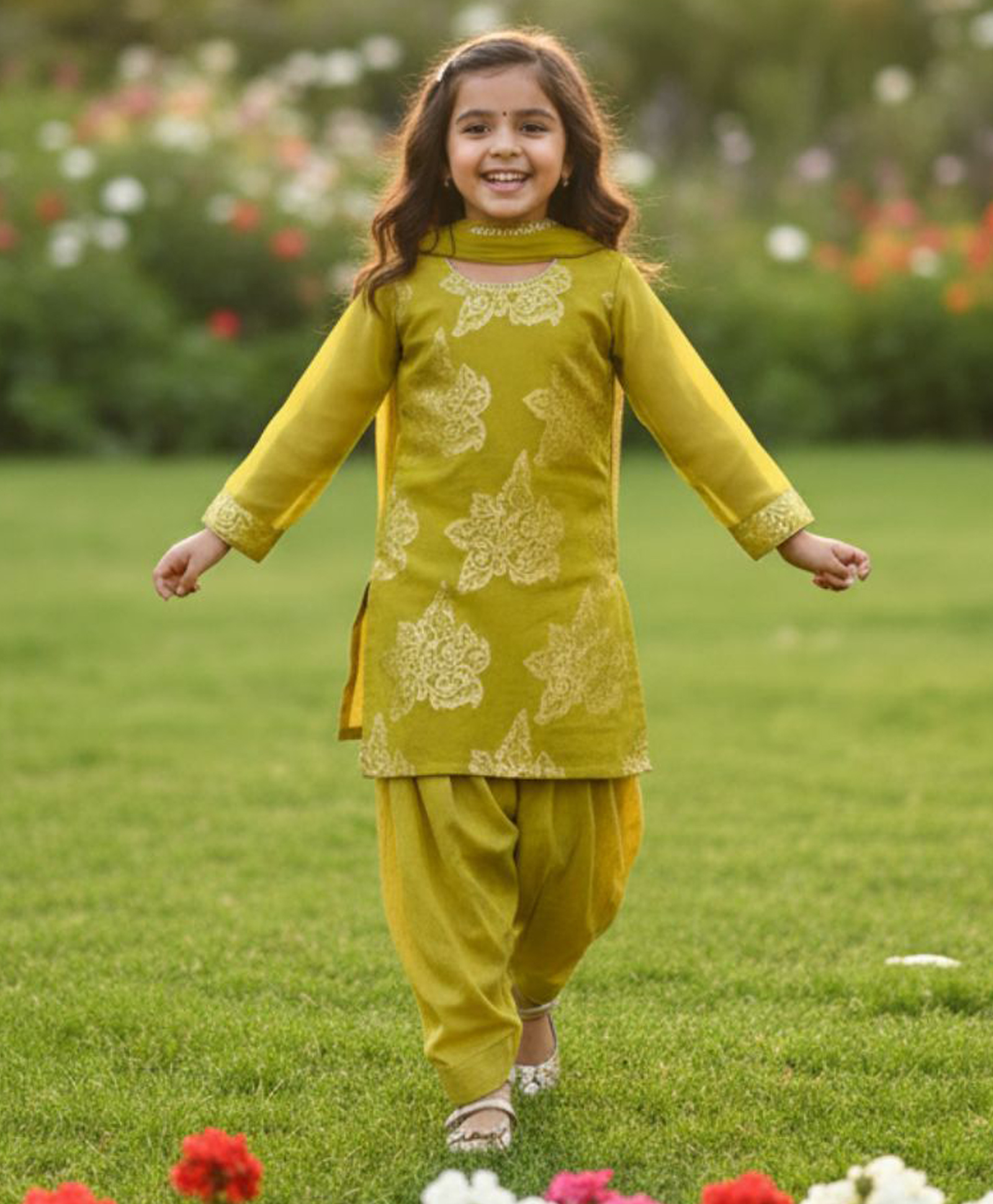 Jilmil Cotton Knit Full Sleeves Lace Embellished Anarkali & Pant Set With Dupatta - Yellow-picture-46