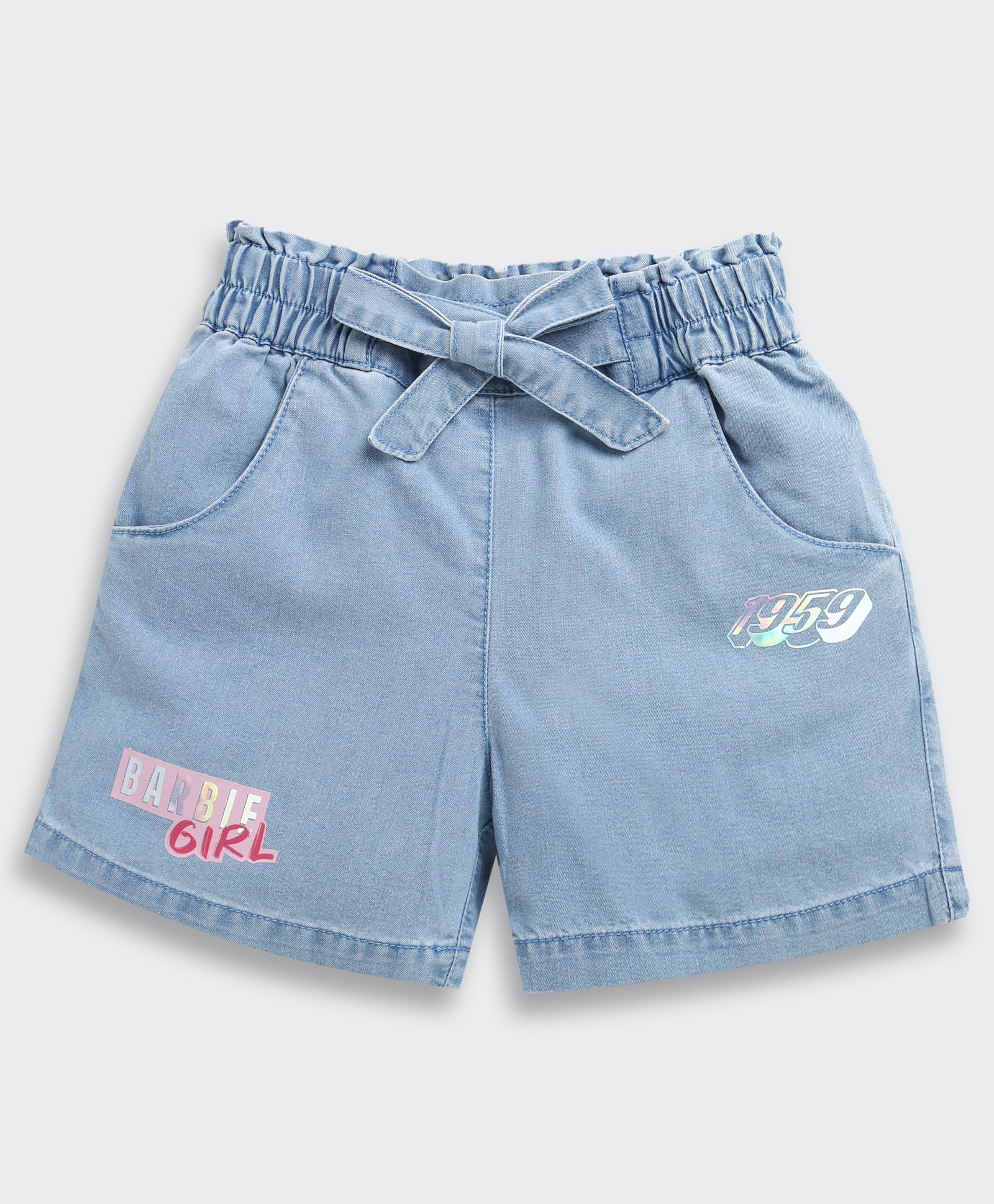 Barbie by Tiny Girl Cotton Woven Mattel Featuring Brand Name Foil Printed Shorts - Light Blue-picture-3
