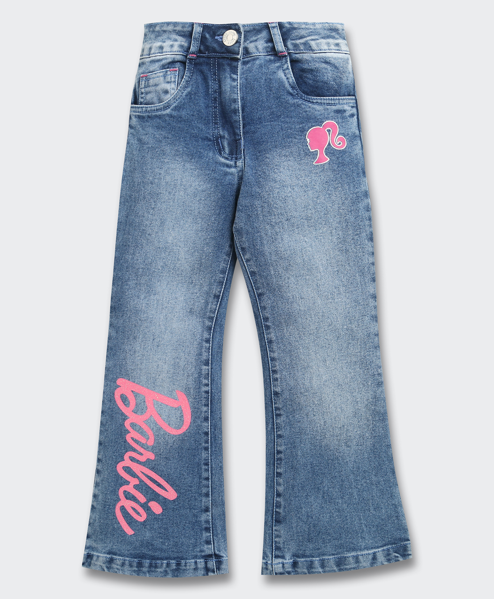 Barbie by Tiny Girl Cotton Woven Mattel Featuring Barbie Text Printed Mild Washed Jeans - Light Blue-picture-10