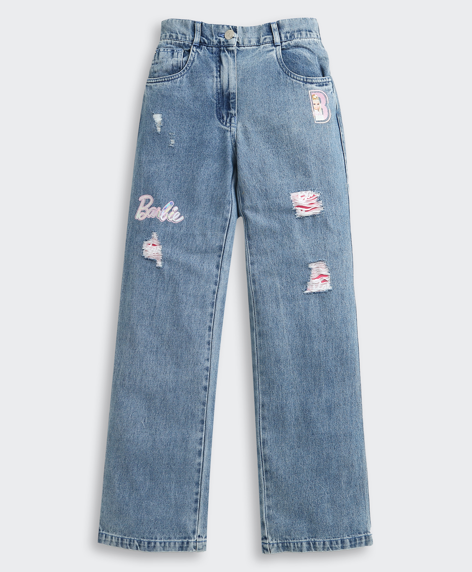 Barbie by Tiny Girl Cotton Woven Mattel Featuring Barbie Text Patch Detailed Mild Washed Jeans - Light Blue-picture-12