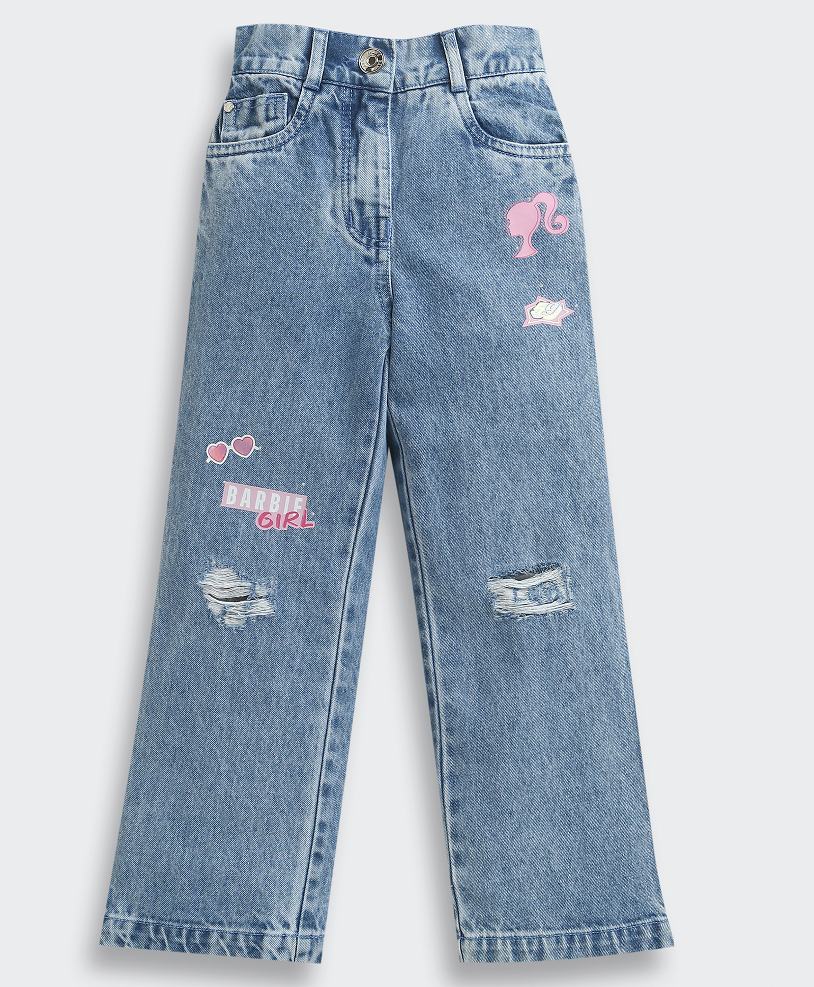 Barbie by Tiny Girl Cotton Woven Mattel Featuring Barbie Logo Patch Detailed Mild Washed Jeans - Light Blue-picture-10