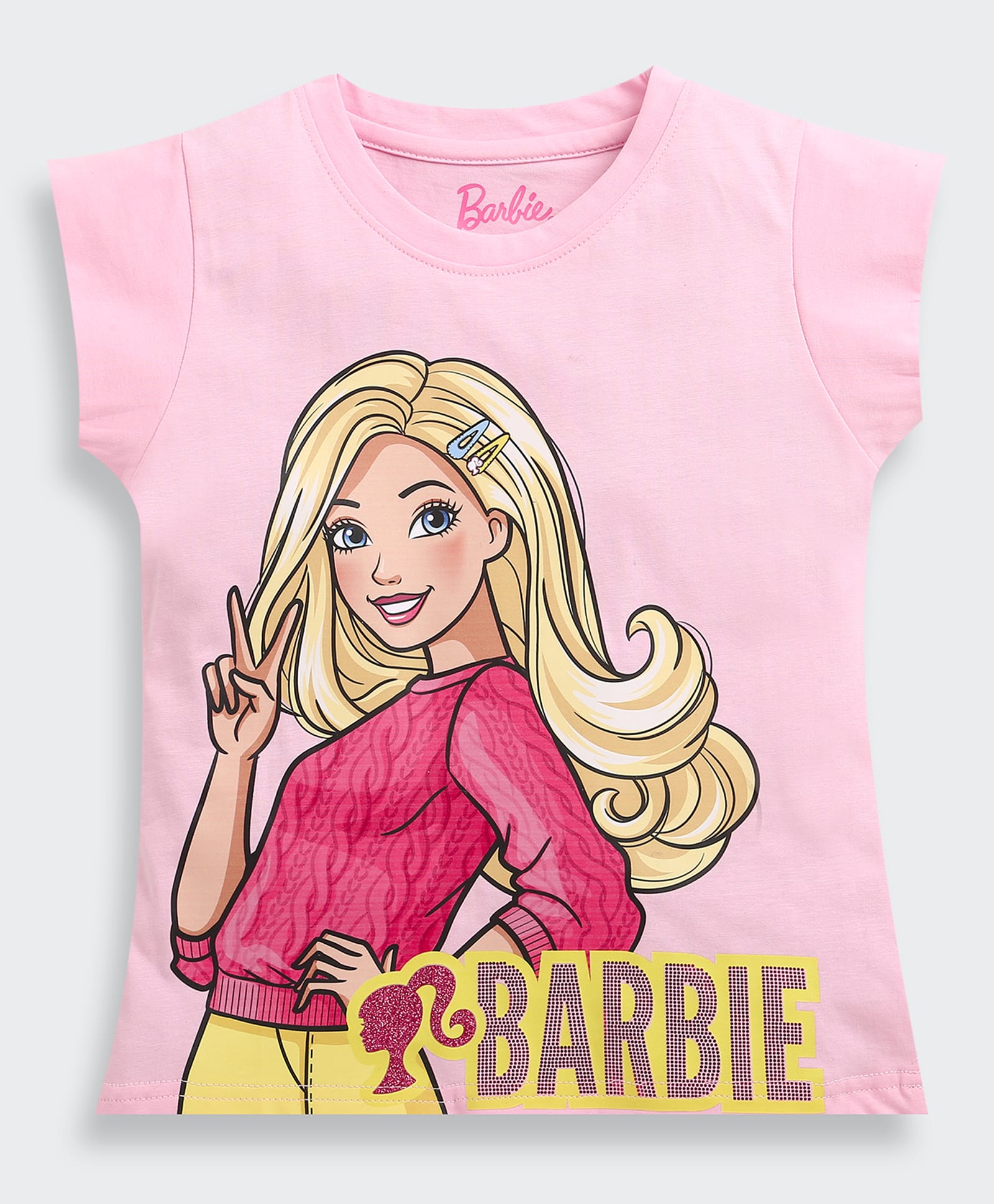 Barbie by Tiny Girl Cotton Woven Mattel Featuring Half Sleeves Barbie Printed Top - Pink-picture-32