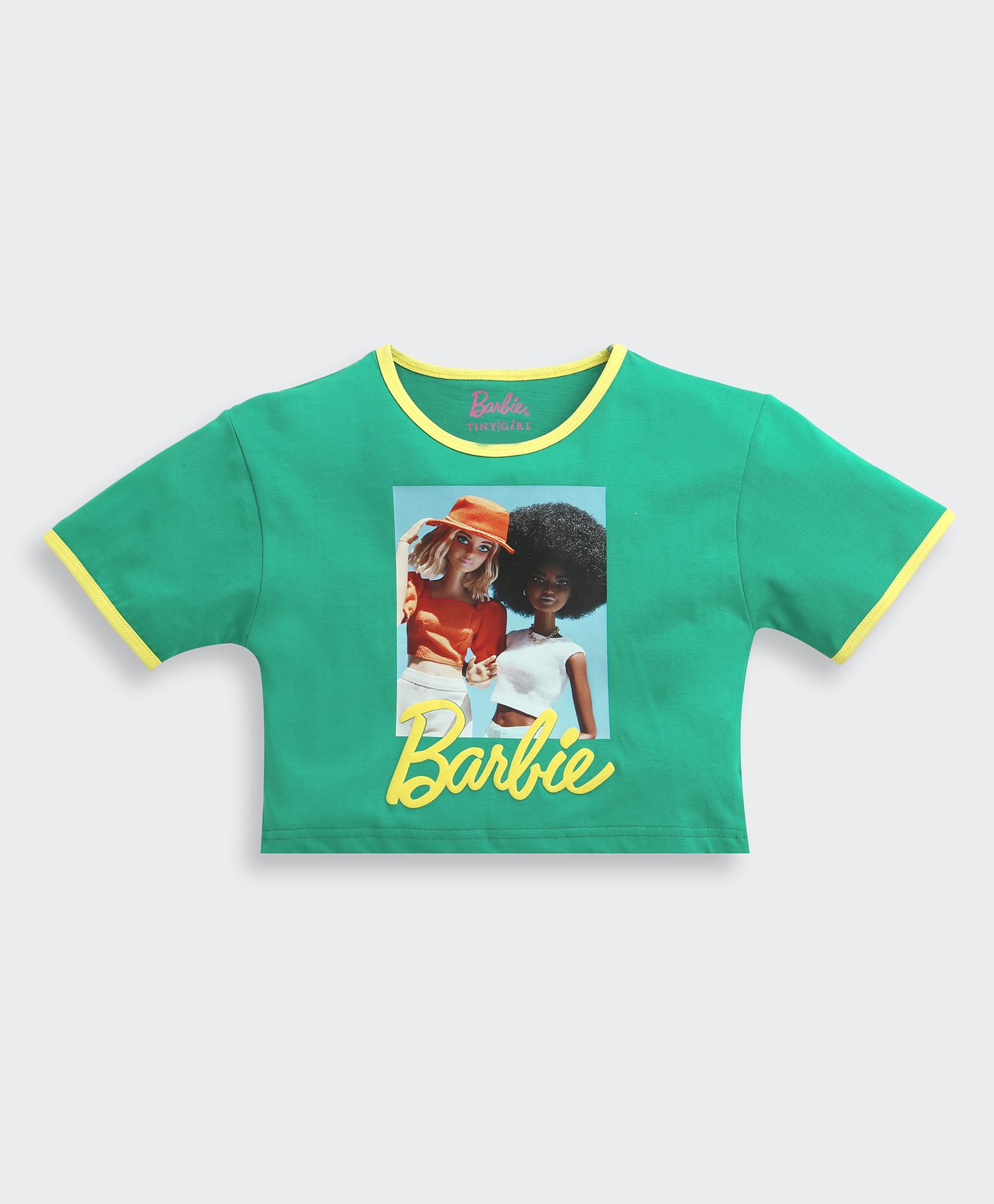 Barbie by Tiny Girl Cotton Woven Mattel Featuring Half Sleeves Barbie Characters Printed Top - Green-picture-24