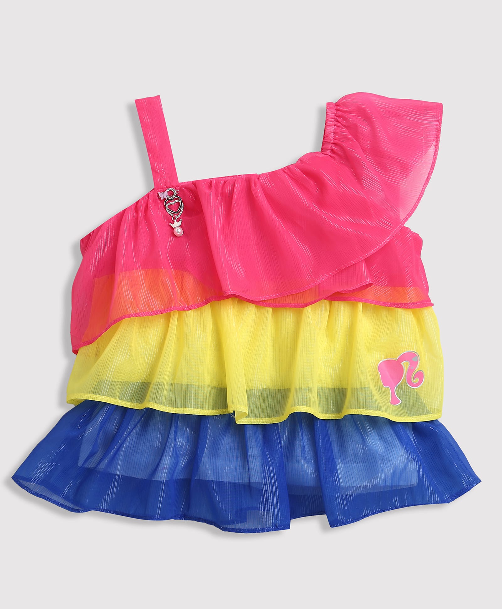 Barbie by Tiny Girl Woven Mattel Featuring One Shoulder Sleeveless Barbie Printed Colour Blocked Layered Top - Pink-picture-36