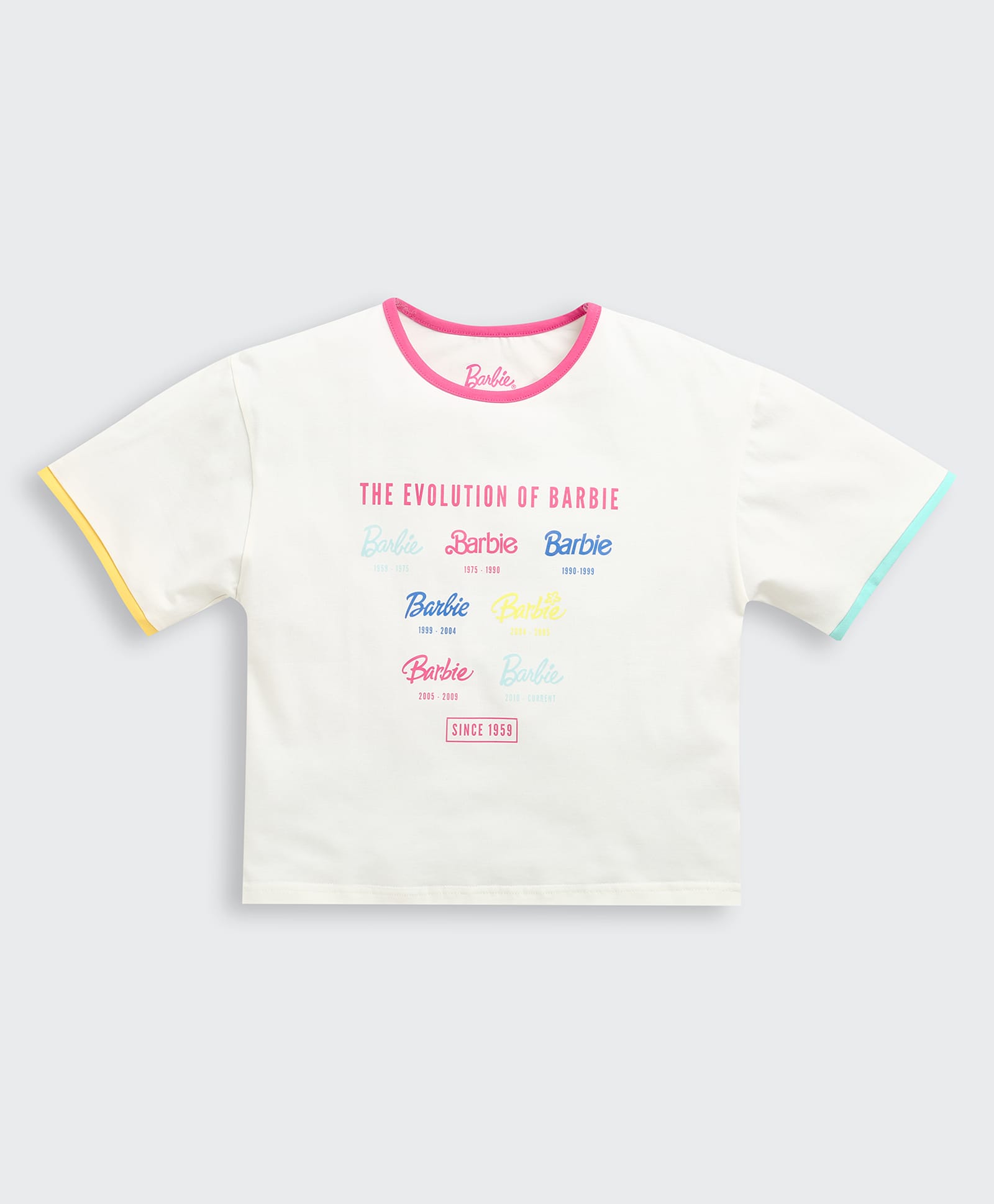 Barbie by Tiny Girl Cotton Woven Mattel Featuring Half Sleeves Evolution Of Barbie Text Printed Crop Top - White-picture-36