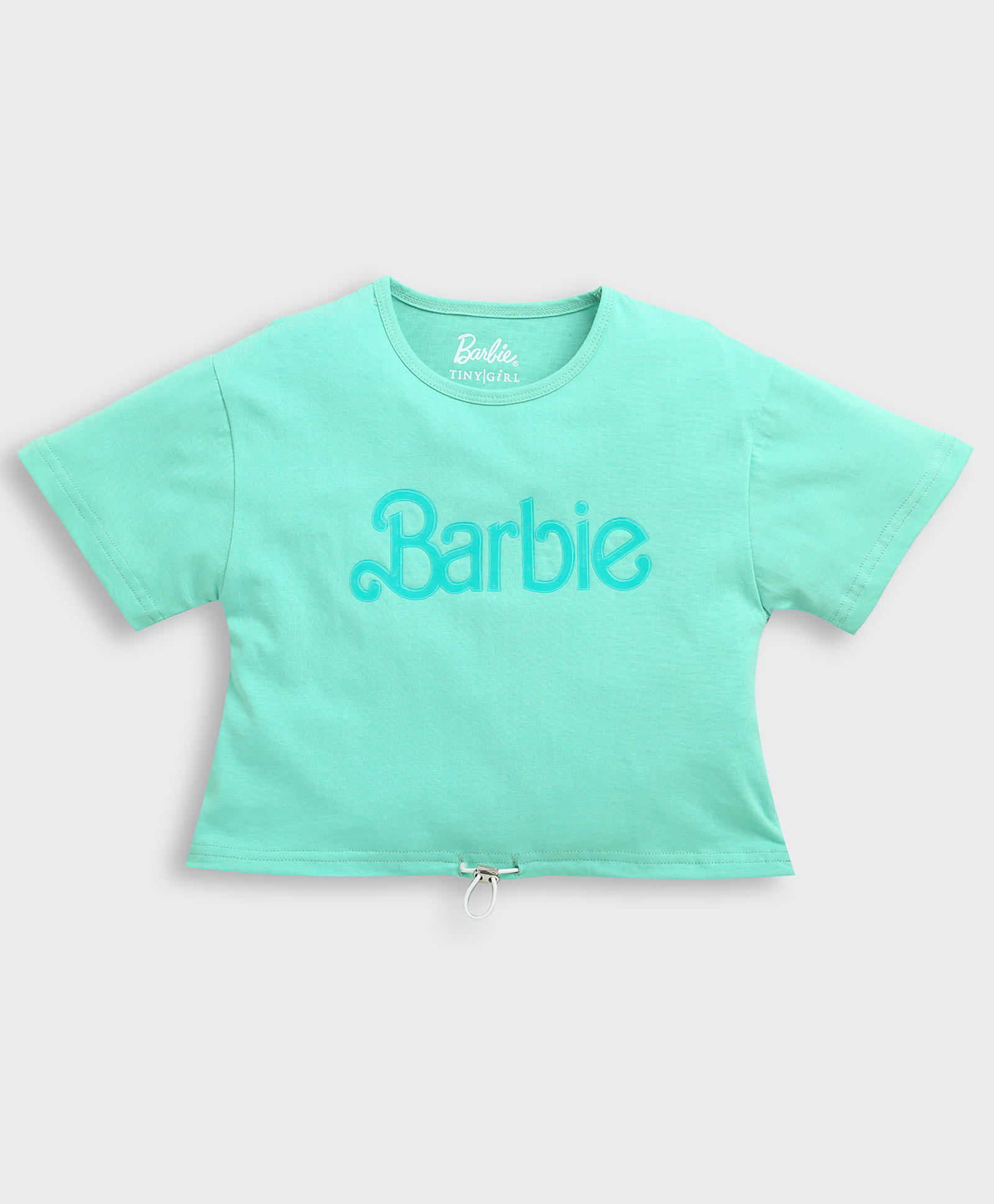 Barbie by Tiny Girl Cotton Woven Mattel Featuring Barbie Text Printed Crop Top - Turquoise Green-image-3