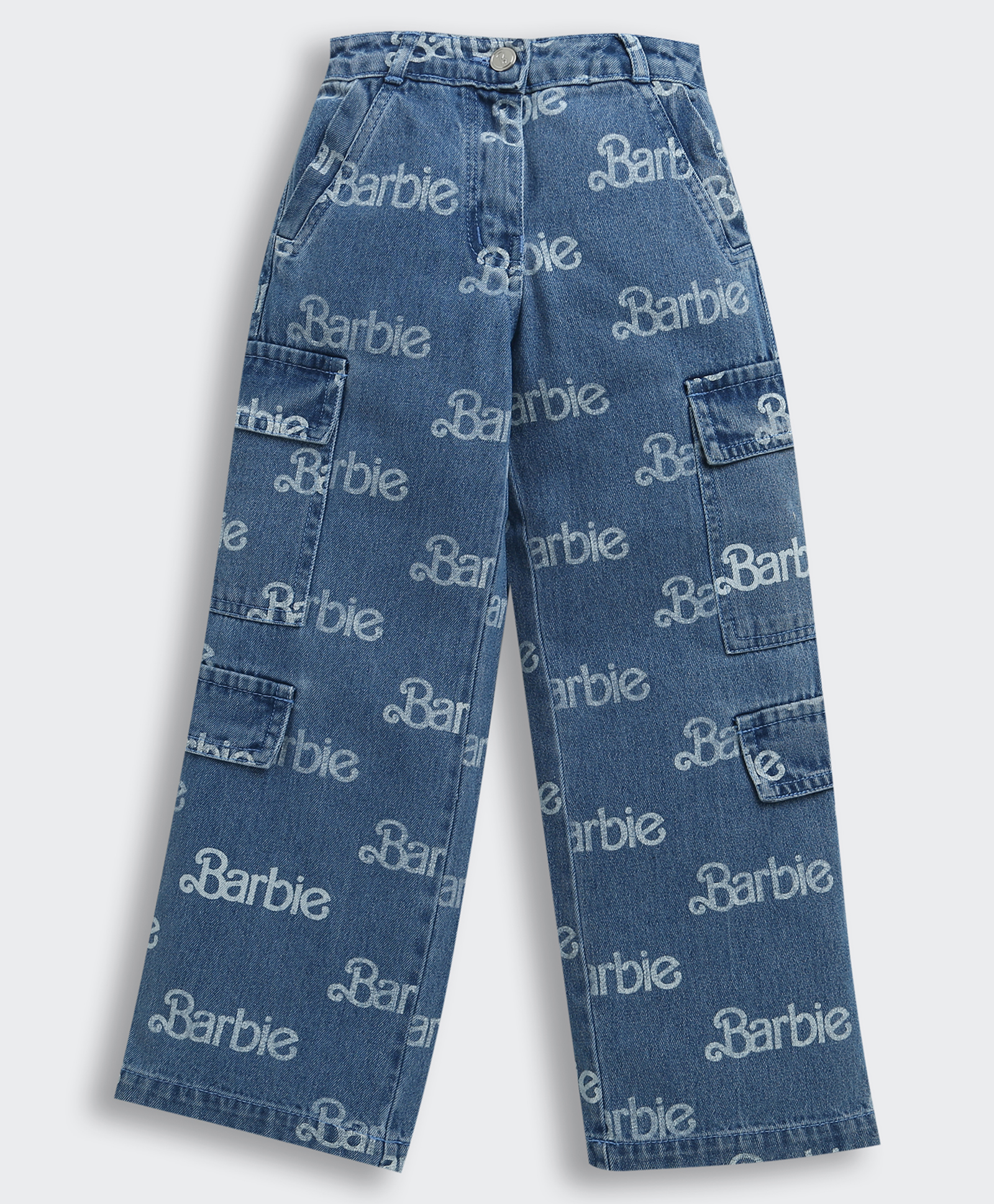 Barbie by Tiny Girl Cotton Woven Mattel Featuring Barbie Text Printed Cargo Jeans - Light Blue-picture-30