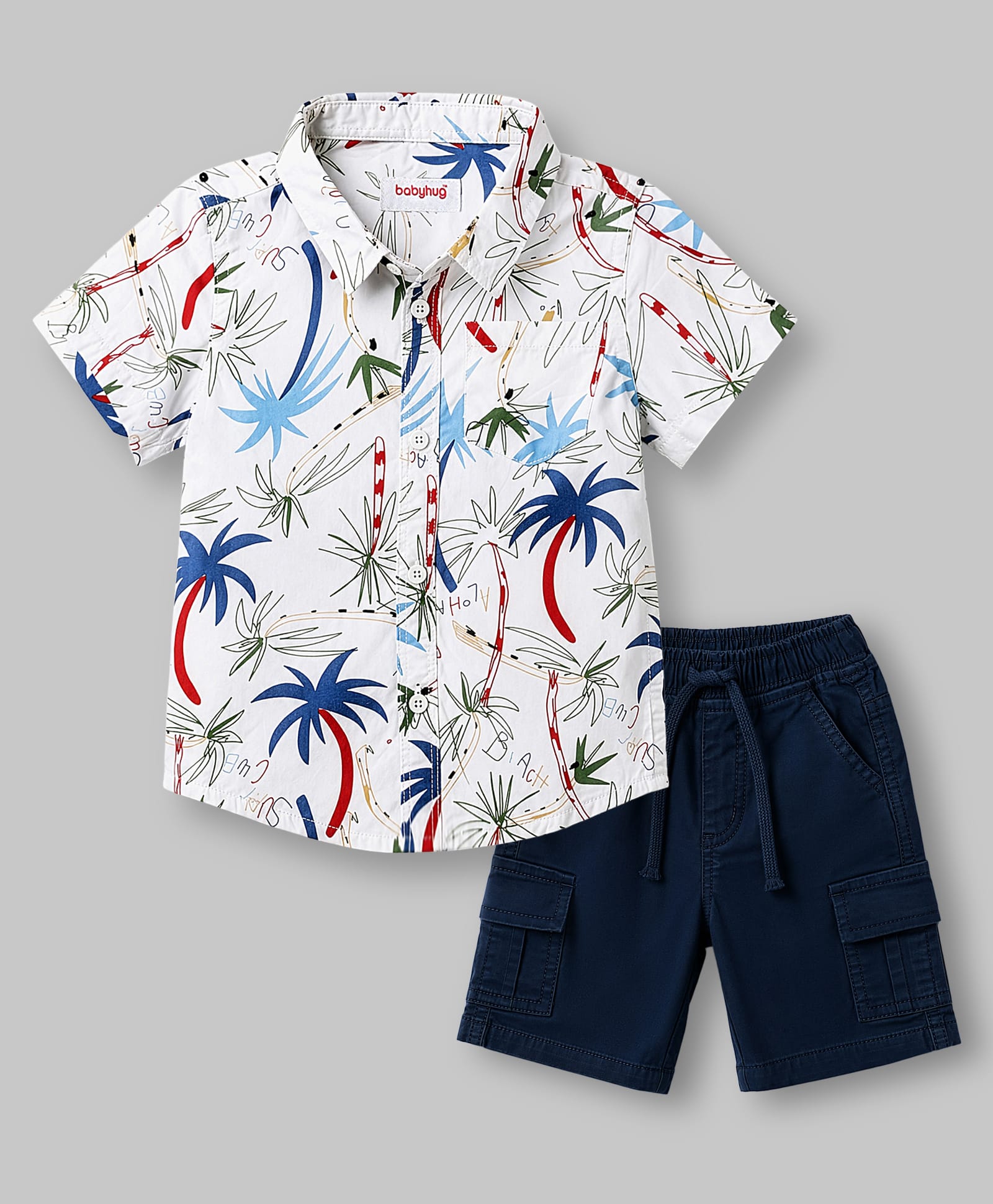 Babyhug Cotton Woven Half Sleeves Shirt & Shorts Set Palm Tree Print - White & Blue-image-48