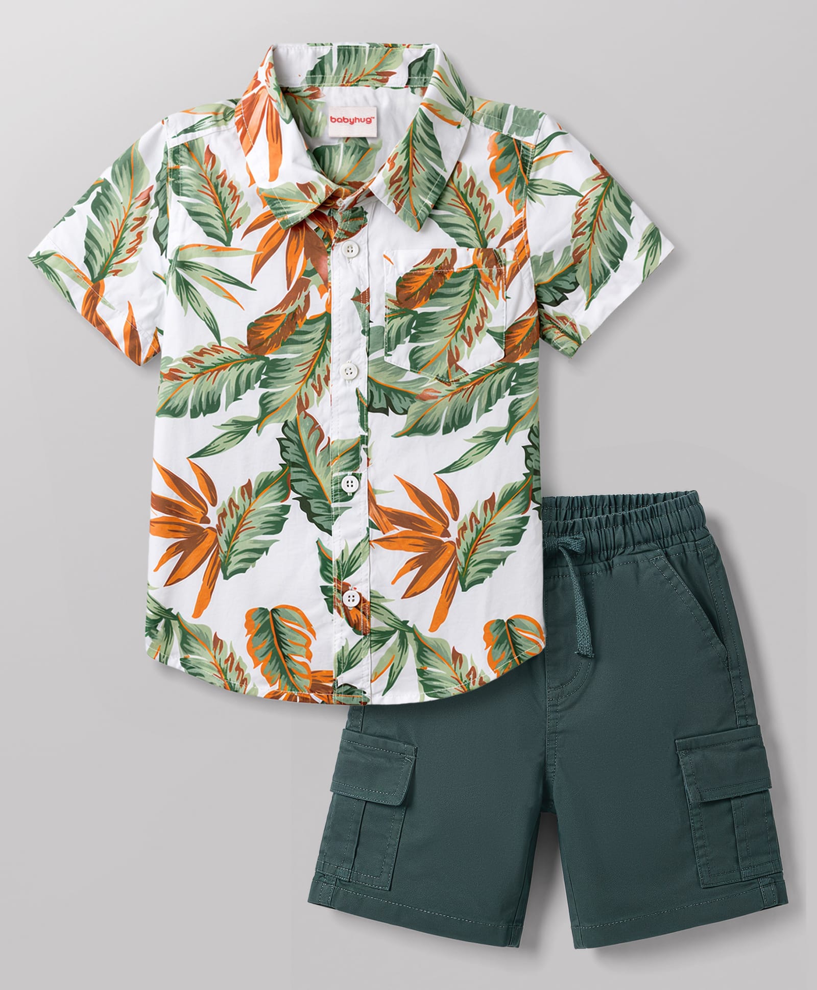 Babyhug Cotton Woven Half Sleeves Shirt & Shorts Set With Leaf Print - Multicolor-picture-12