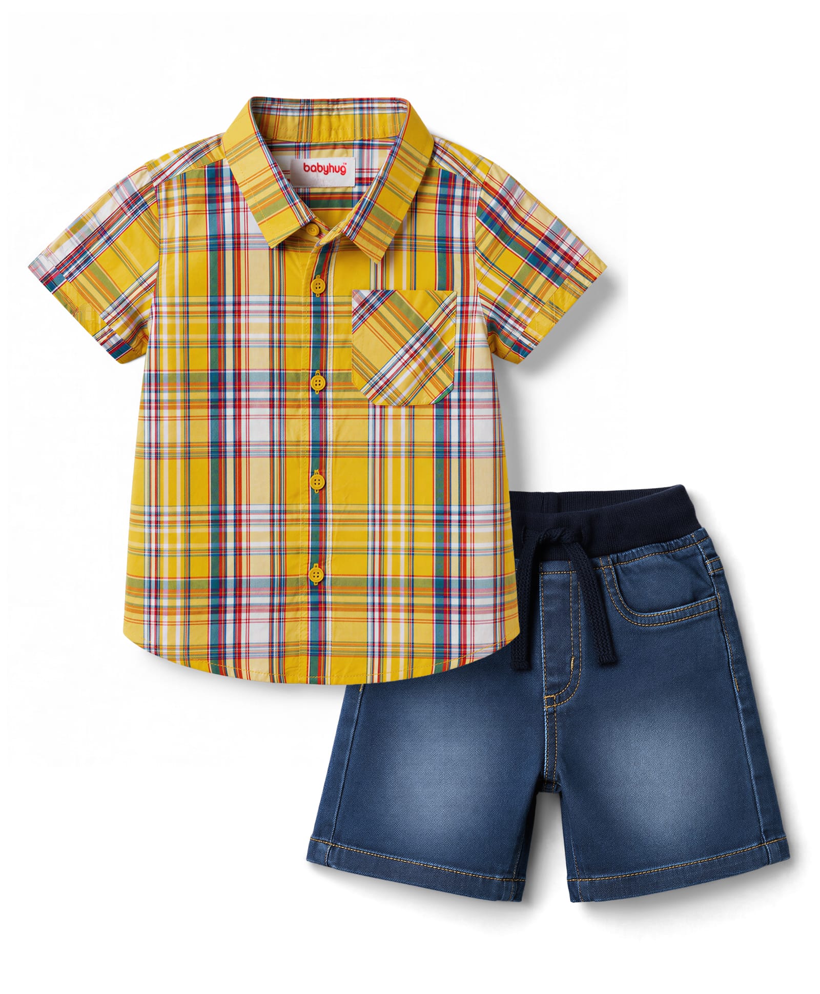 Babyhug Cotton Woven Half Sleeves Checked Shirt & Denim Shorts Set - Yellow & Blue-image-17