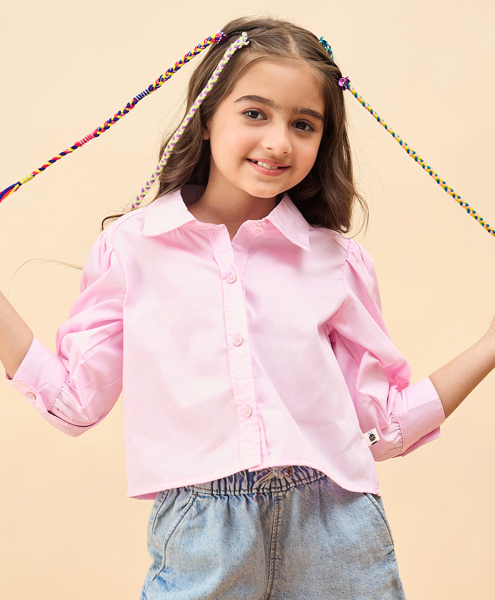 StyloBug Cotton Woven Three Fourth Sleeves Shirt Styled Solid Top - Pink-image-29