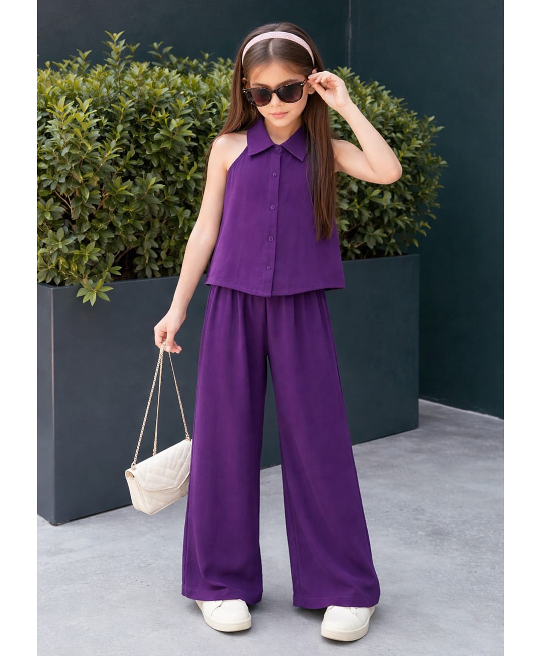 StyloBug Rayon Woven Sleeveless Solid Top & Pants - Purple