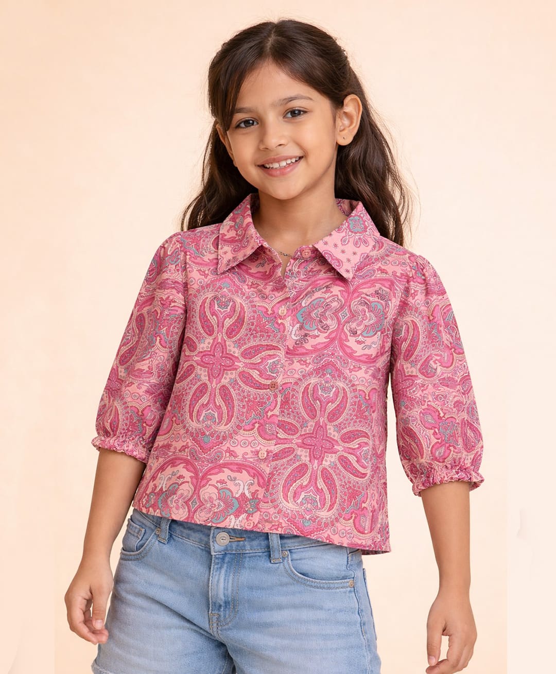 StyloBug Rayon Woven Three Fourth Sleeves Abstract Printed Top - Pink-image-40