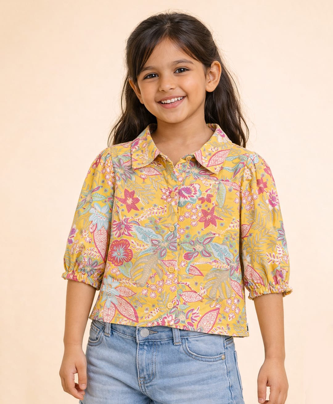 StyloBug Rayon Woven Three Fourth Sleeves Floral Printed Top - Yellow-image-16
