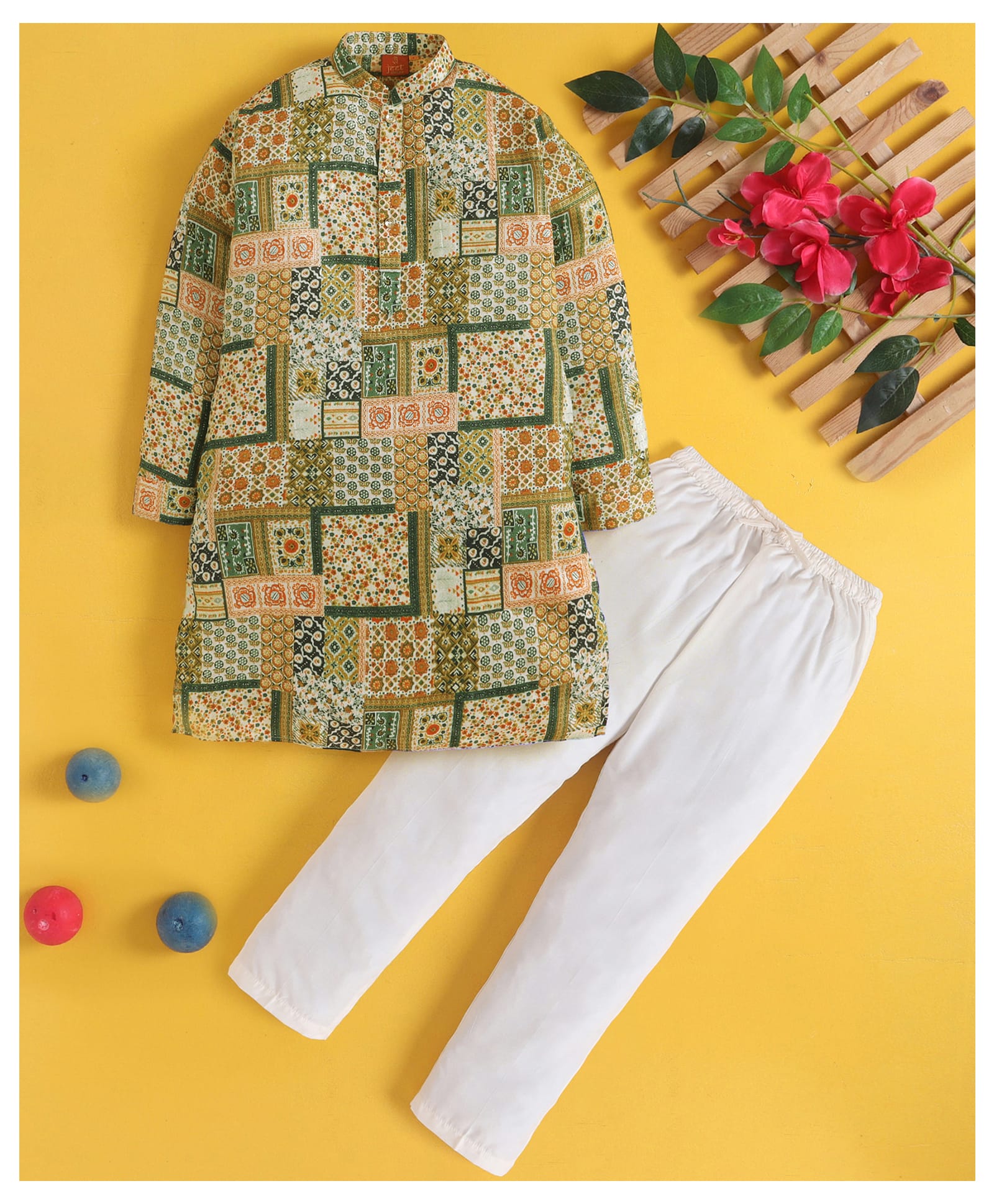 Jeet Ethnics Cotton Bend Knit Full Sleeves Floral Patchwork Printed Kurta Pyjama Set - Green