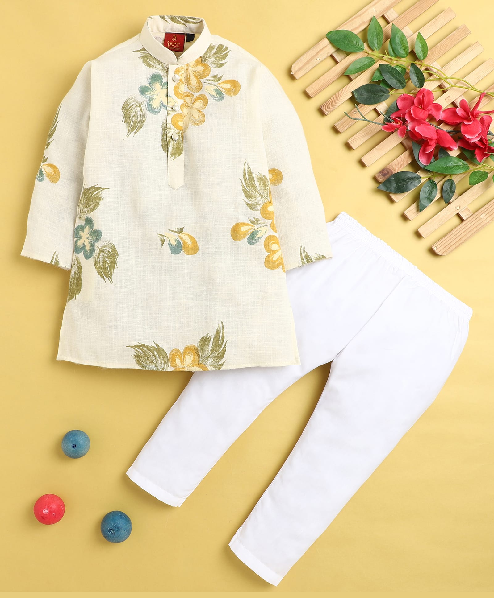 Jeet Ethnics Cotton Blend Knit Full Sleeves Floral Printed Kurta Pyjama Set - Cream-picture-42