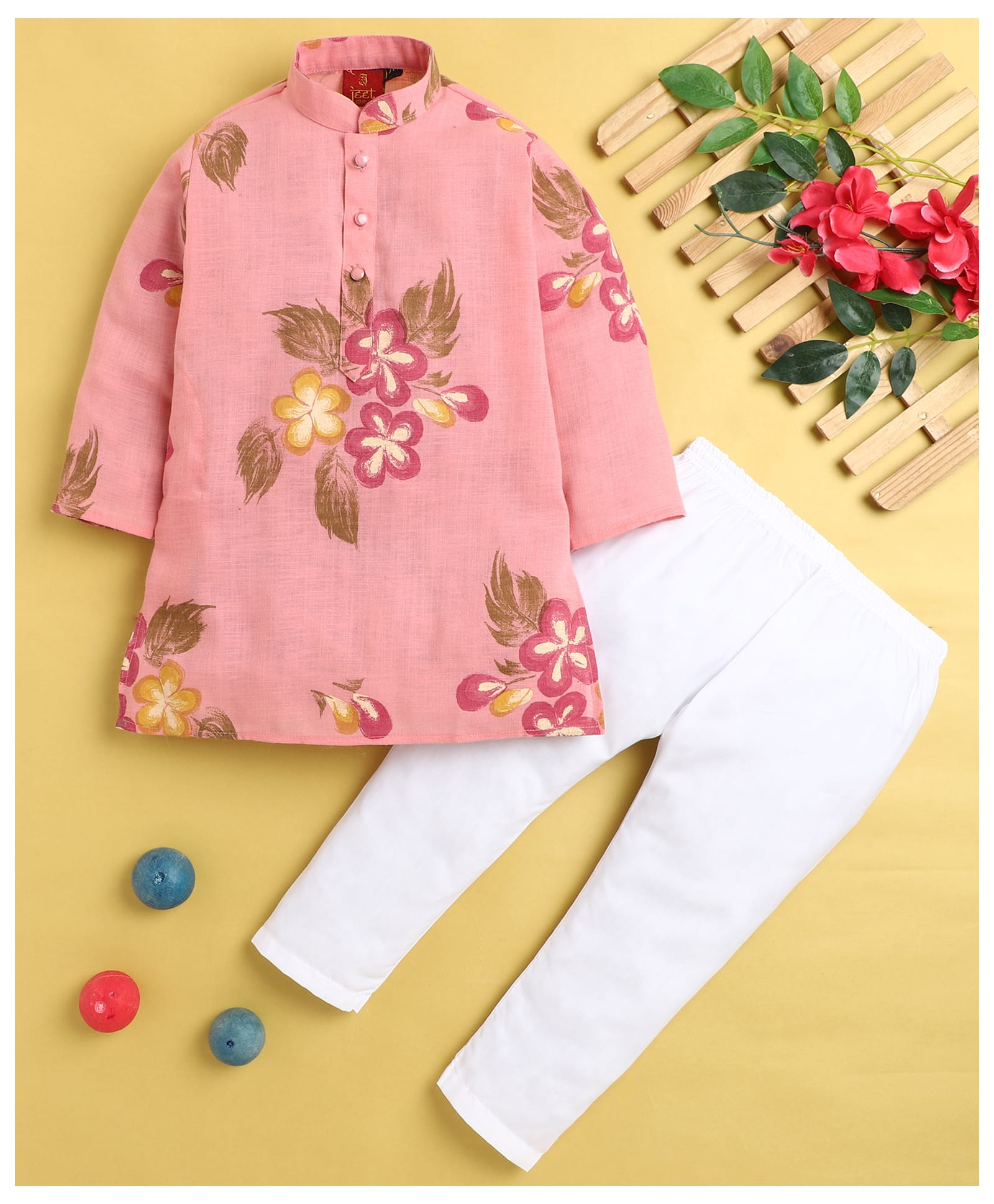 Jeet Ethnics Cotton Blend Knit Full Sleeves Floral Printed Kurta Pyjama Set - Pink-picture-43