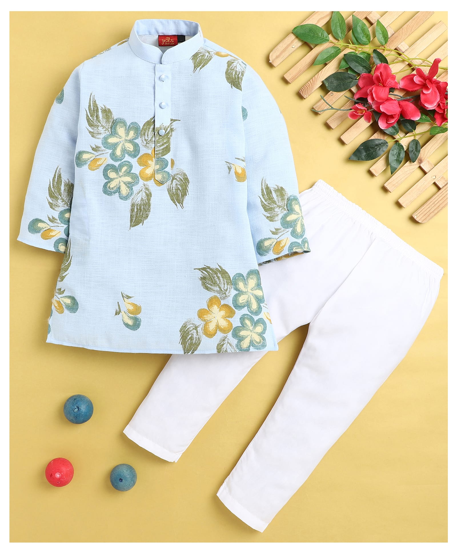 Jeet Ethnics Cotton Blend Knit Full Sleeves Floral Printed Kurta Pyjama Set - Blue-picture-7