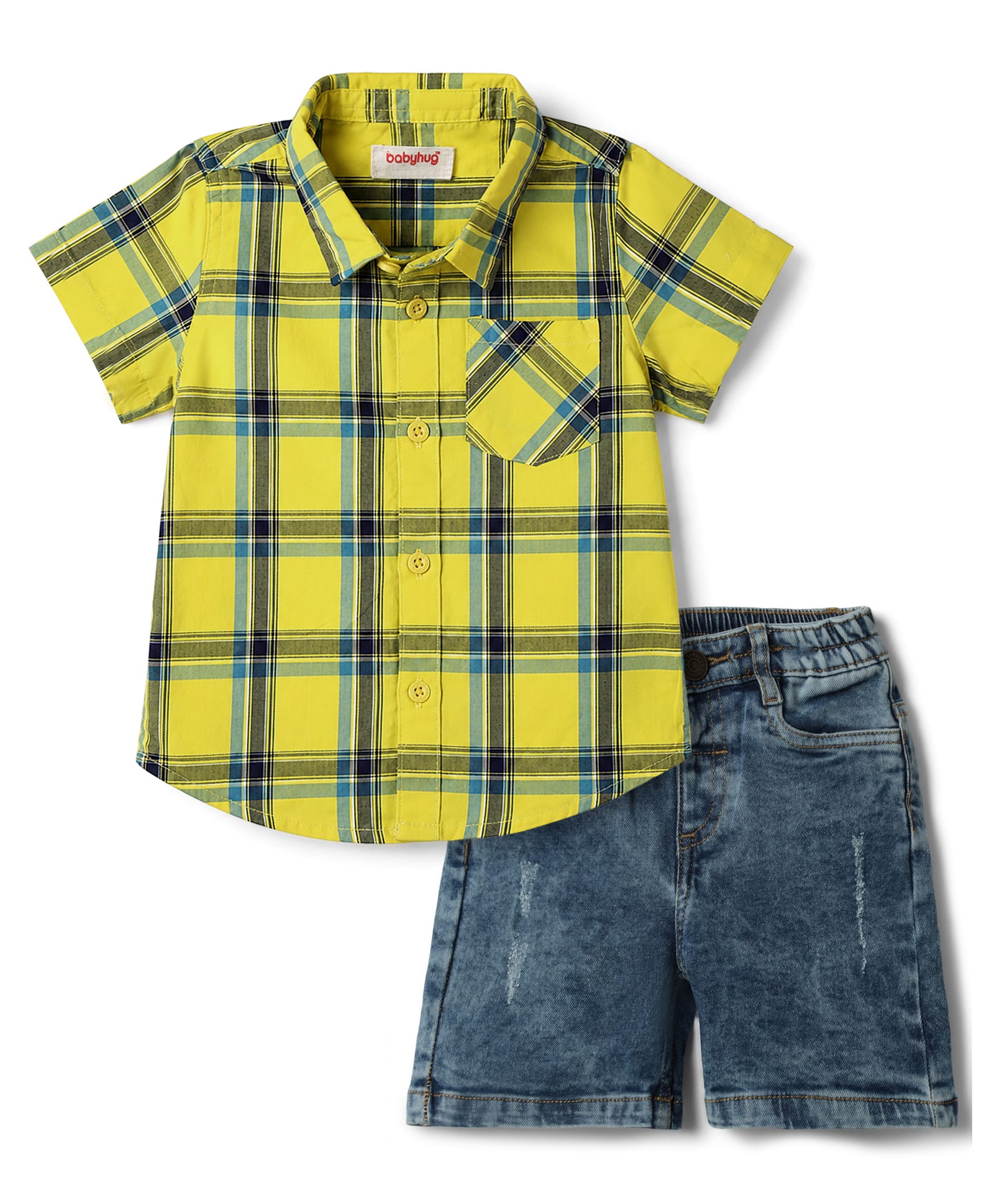 Babyhug Cotton Woven Half Sleeves Checked Shirt & Denim Shorts Set - Yellow & Blue-picture-25