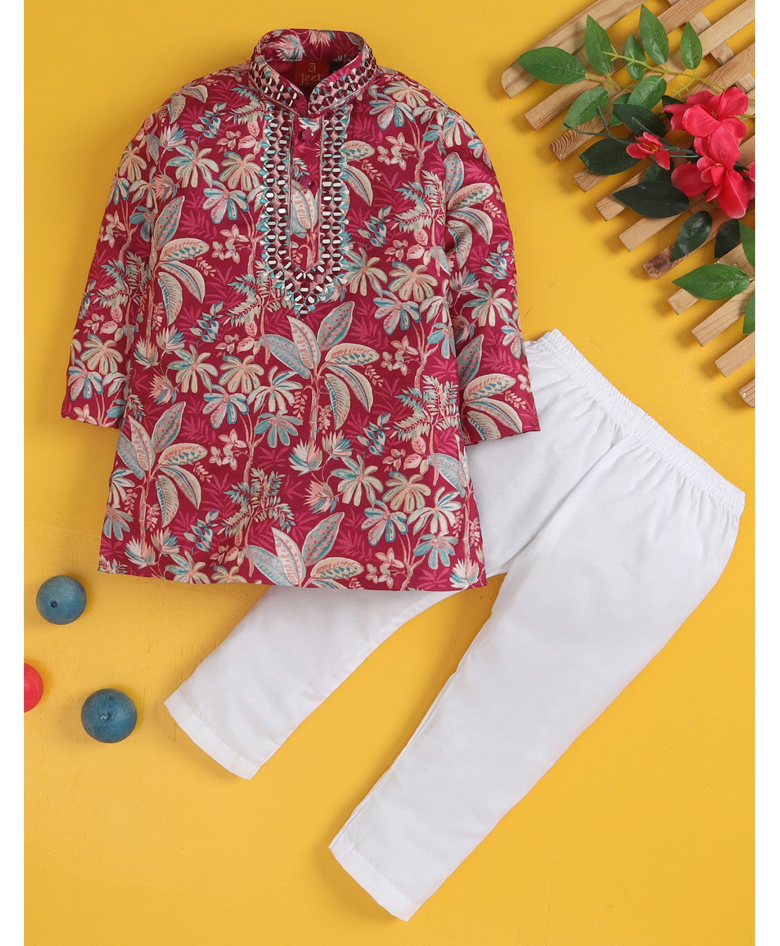 Jeet Ethnics Cotton Blend Knit Full Sleeves Floral Printed & Mirror Work Embellished Kurta & Pyjama Set - Wine-picture-17