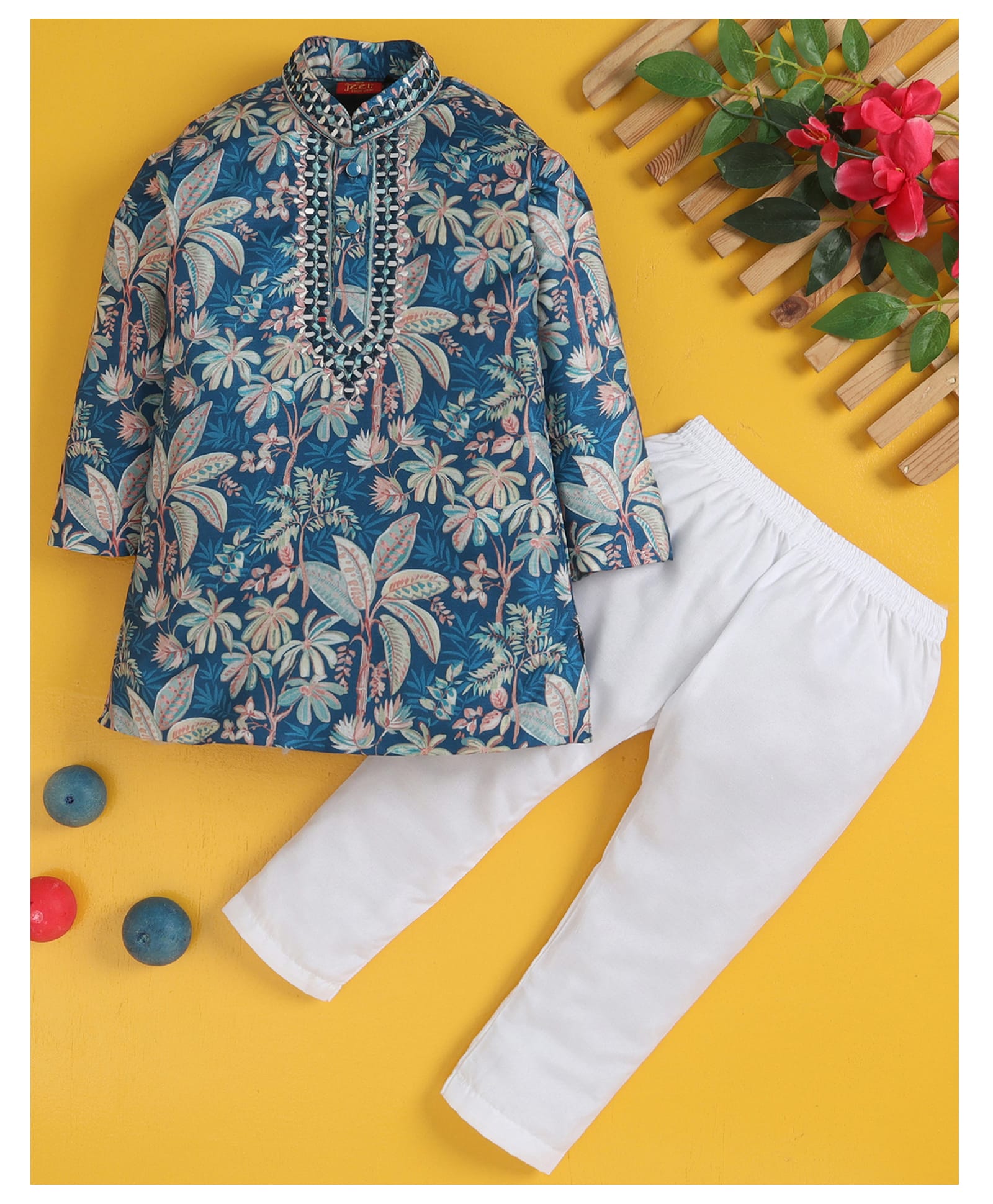 Jeet Ethnics Cotton Blend Knit Full Sleeves Floral Printed & Mirror Work Embellished Kurta & Pyjama Set - Blue