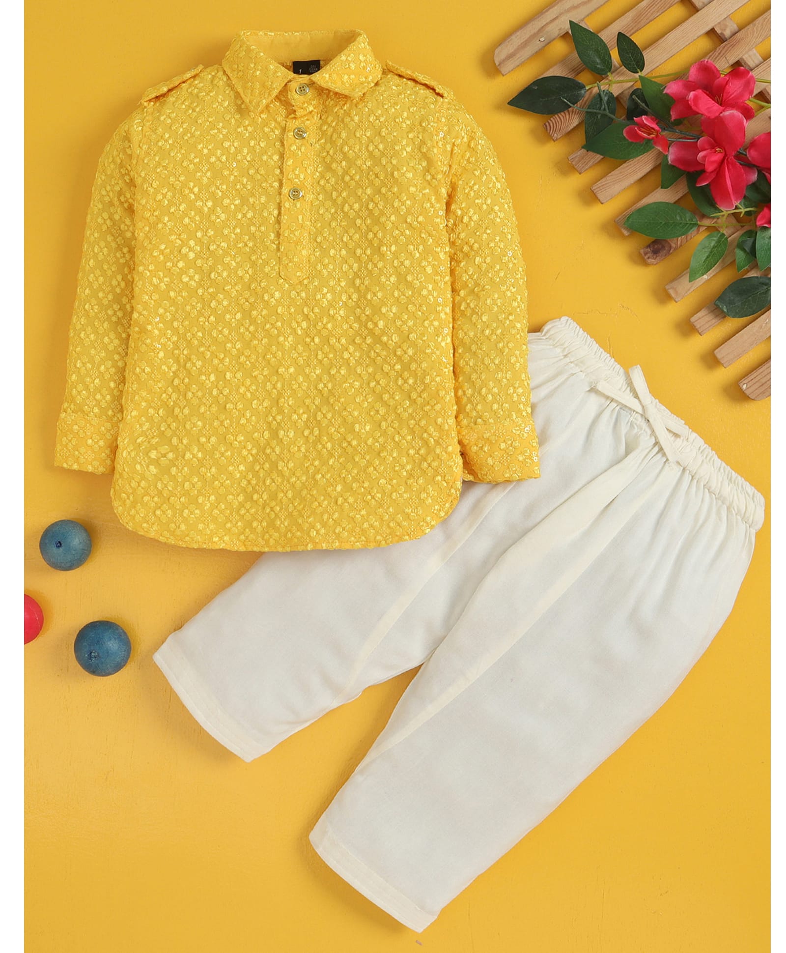 Jeet Ethnics Cotton Blend Knit Full Sleeves Thread Work Embroidered & Sequins Embellished Kurta & Pyjama Set - Yellow-image-16